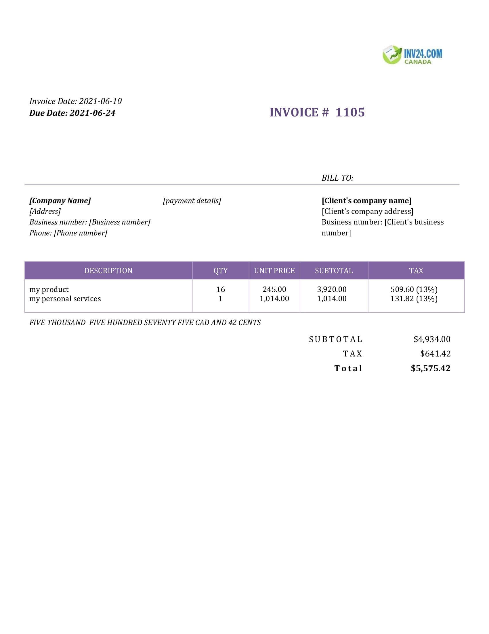 Personal Invoice Template Canada (Word / Google Docs)