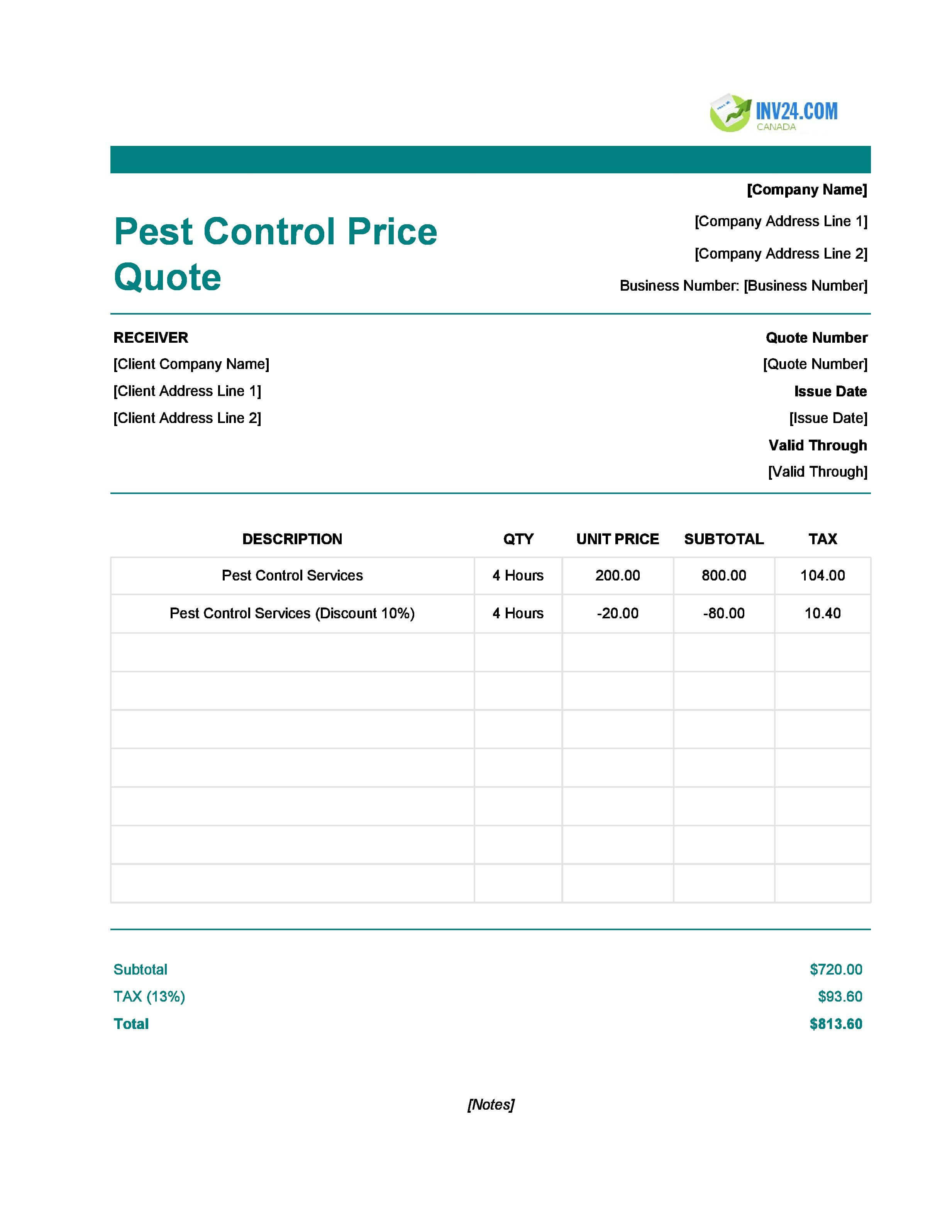 Pest Control Quote Template for Canada (Excel / Google Sheets)