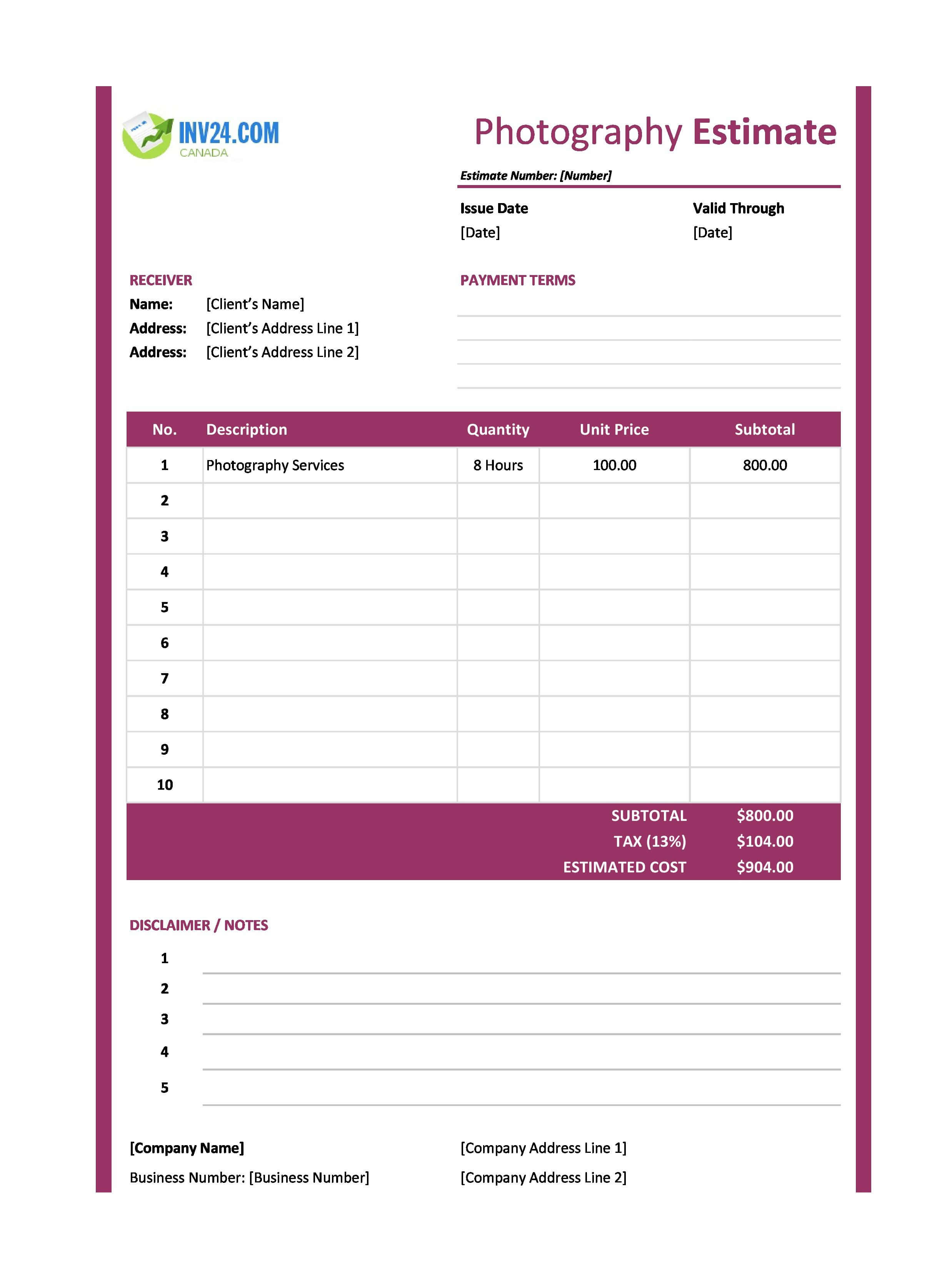 Photography Estimate Template for Canada (Excel / Google Sheets)