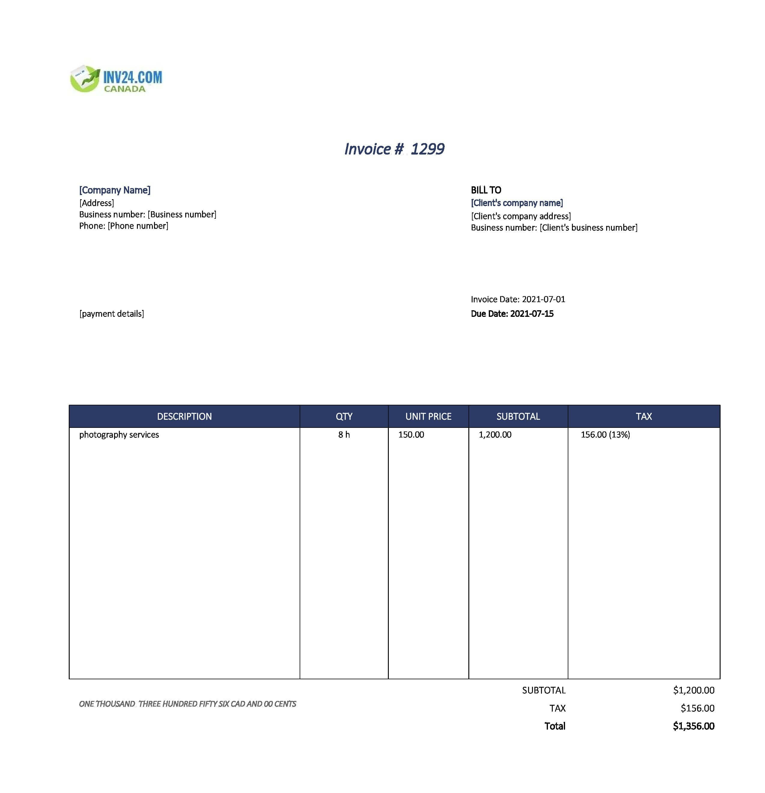 Photography Invoice Template Canada (Excel / Google Sheets)