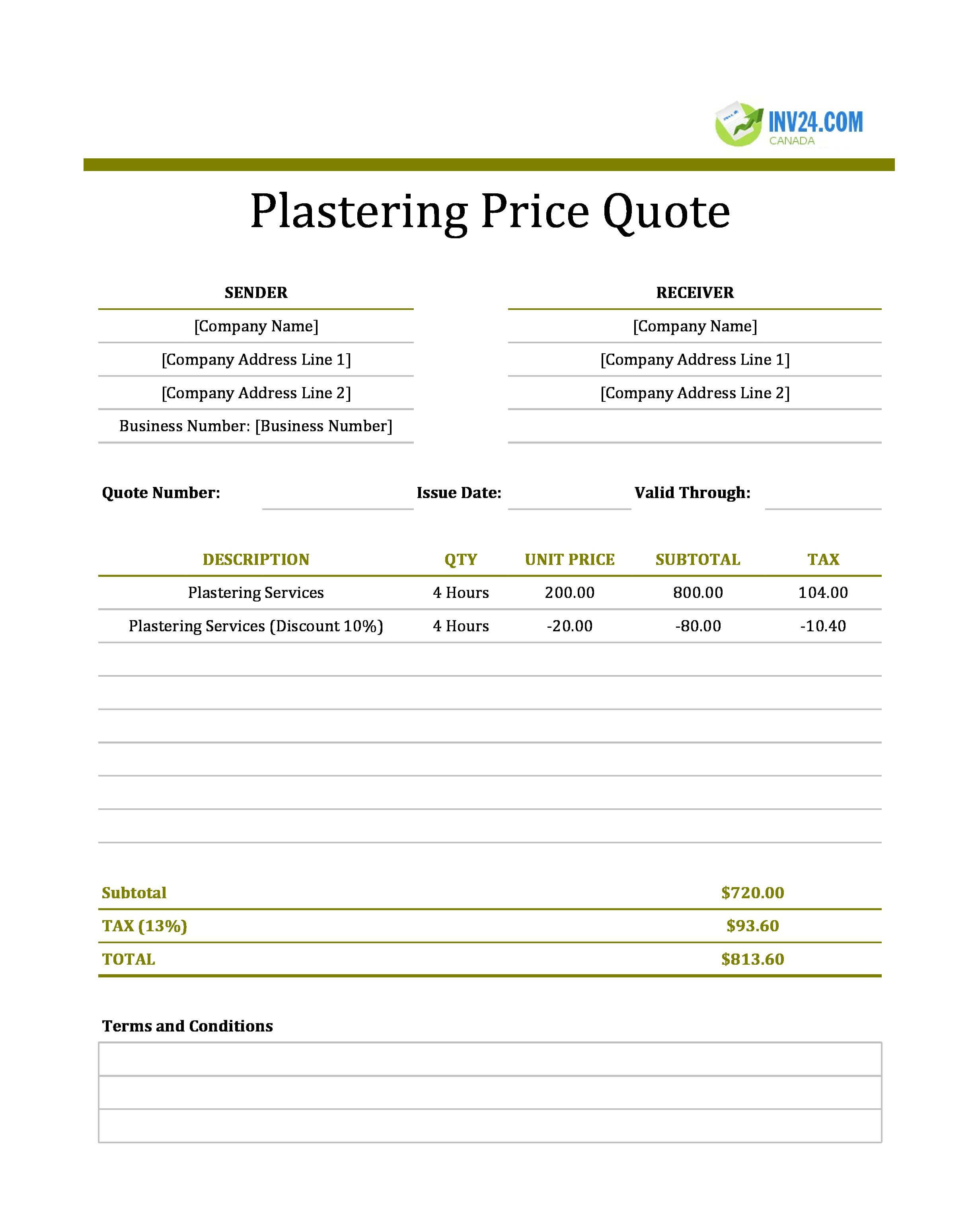 Plastering Quote Template for Canada (Excel / Google Sheets)