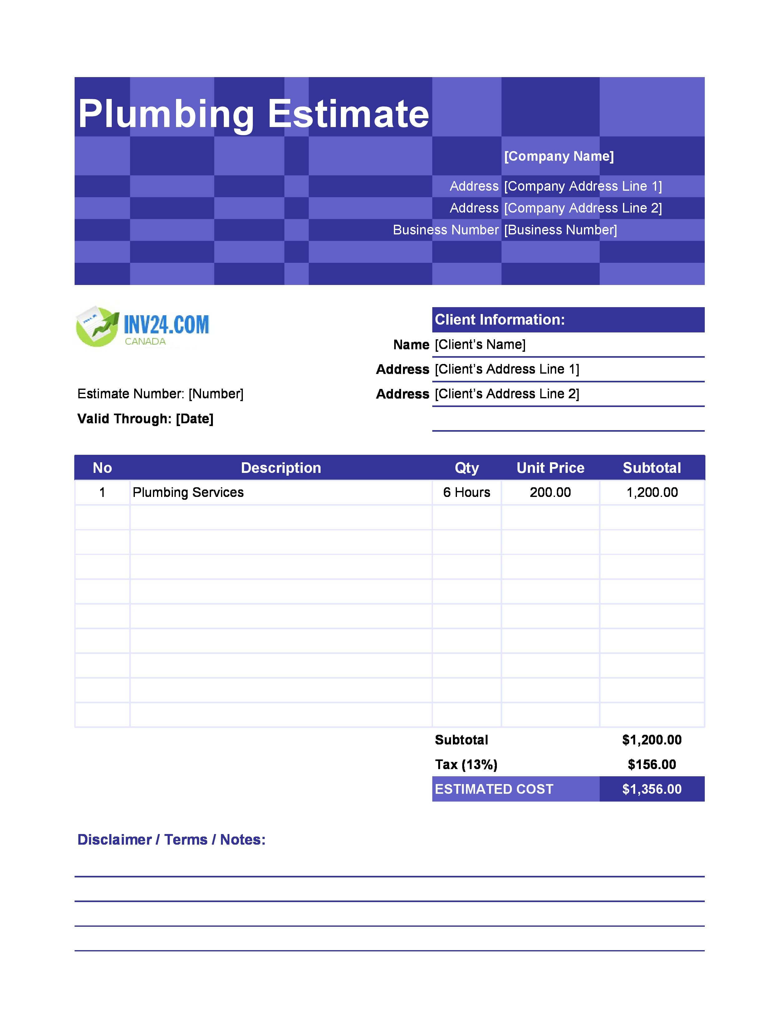 Plumbing Estimate Template for Canada (Excel / Google Sheets)