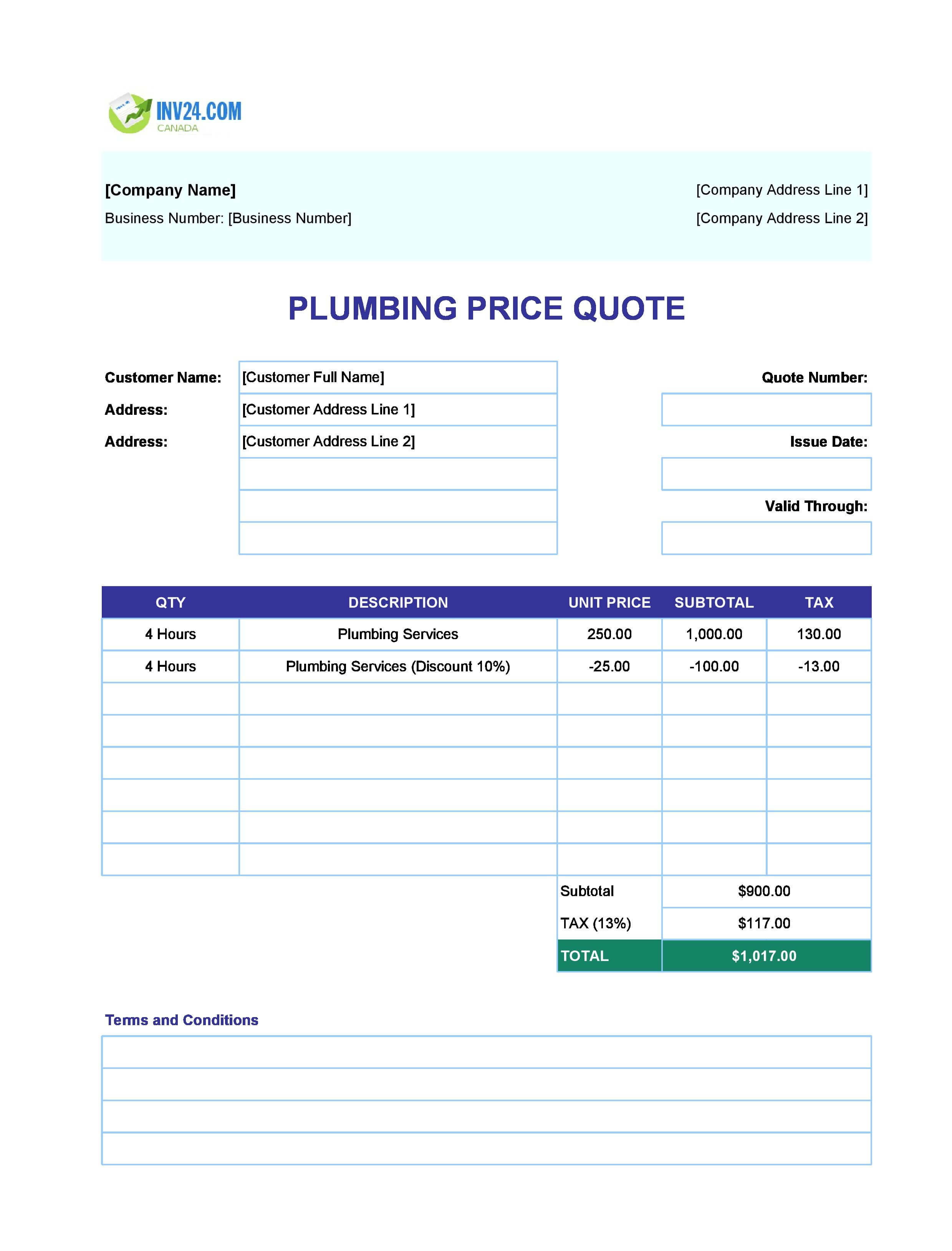 Plumbing Quote Template for Canada (Excel / Google Sheets)