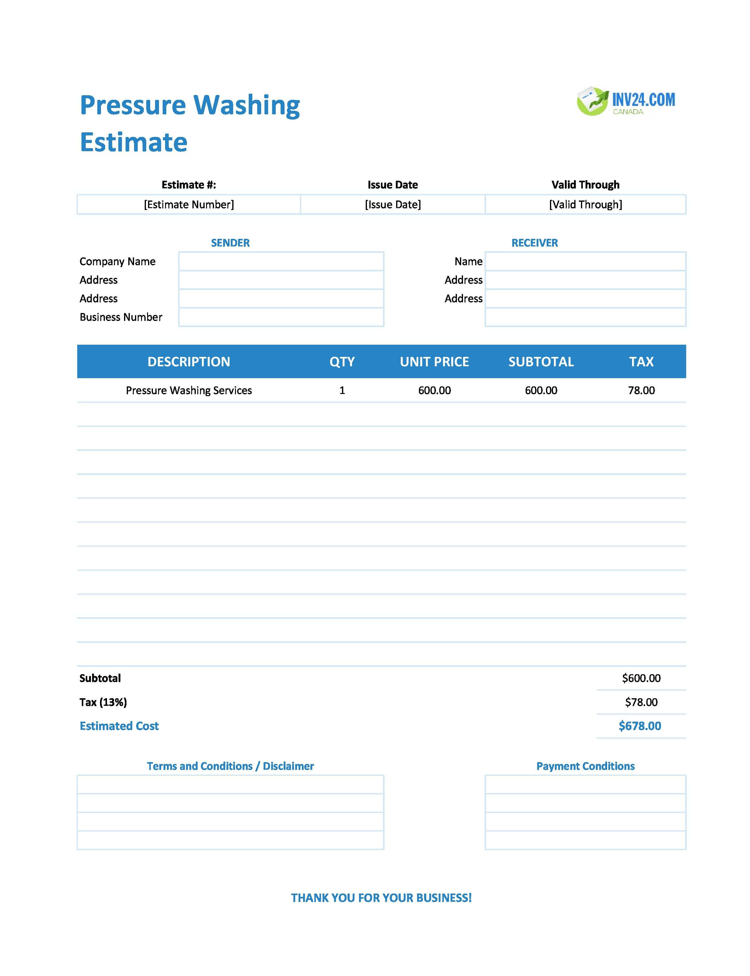 Pressure Washing Estimate Template for Canada (Excel / Google Sheets)