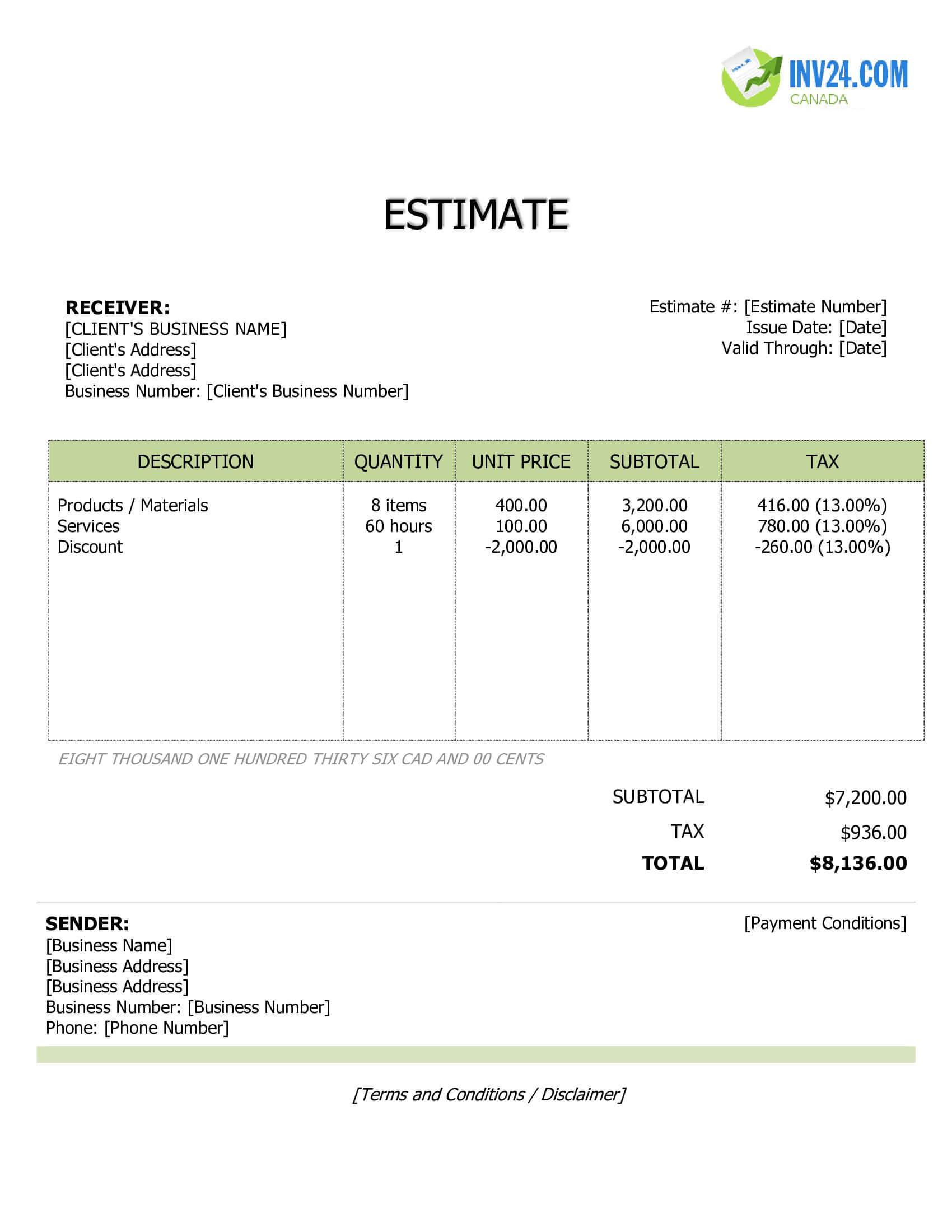 Price Estimate Template for Canada (Word / Google Docs)