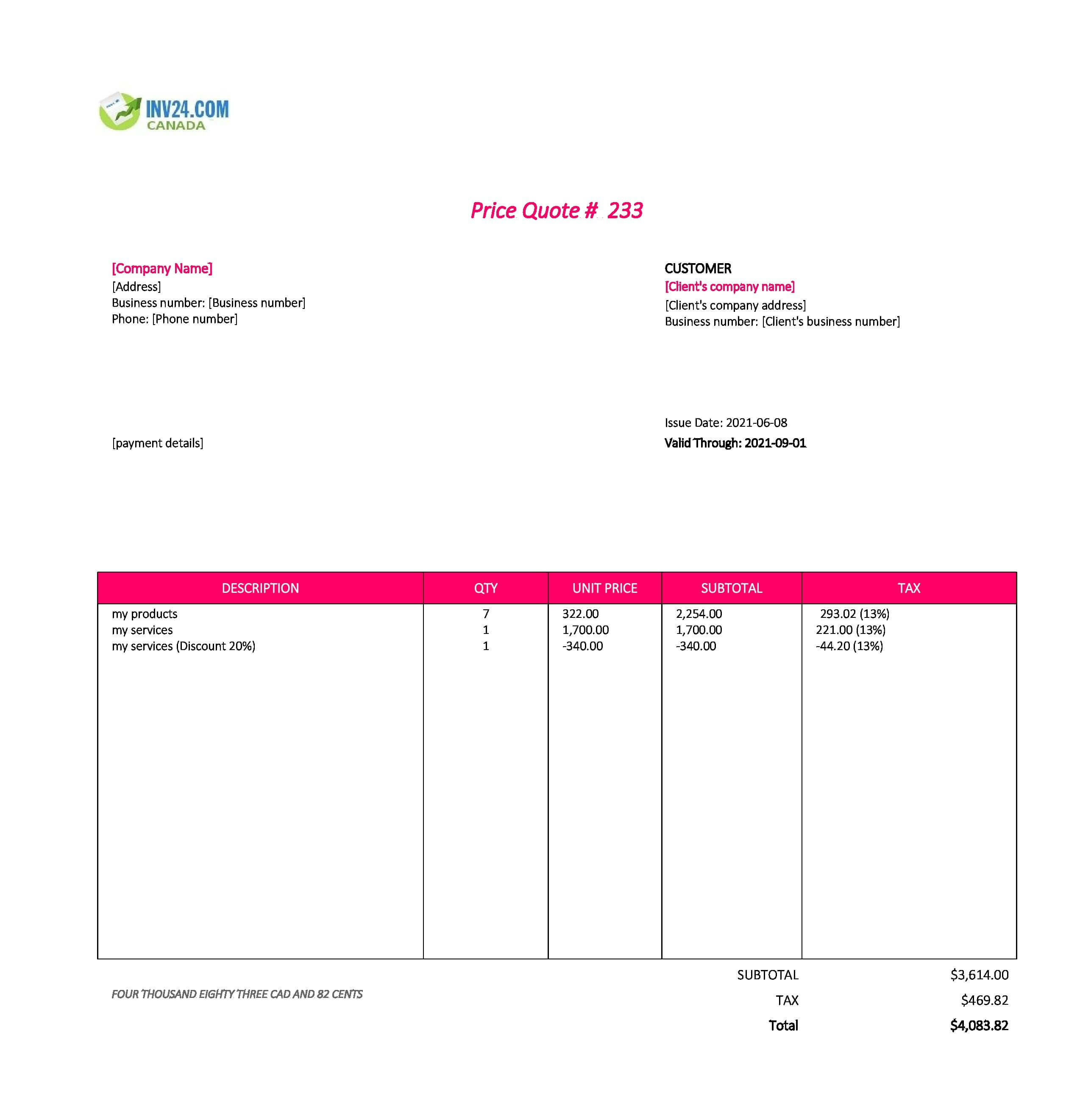 Price Quote Template Canada (Excel / Google Sheets)