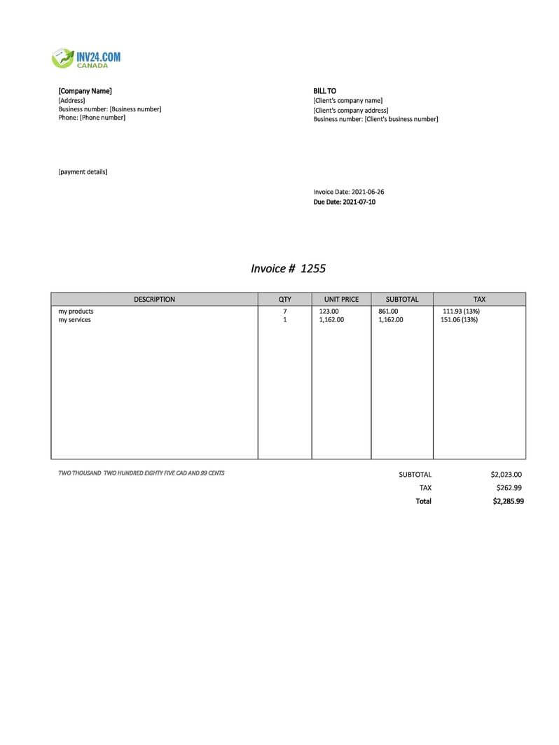 Printable Invoice Template Canada Excel Printable invoice template canada excel