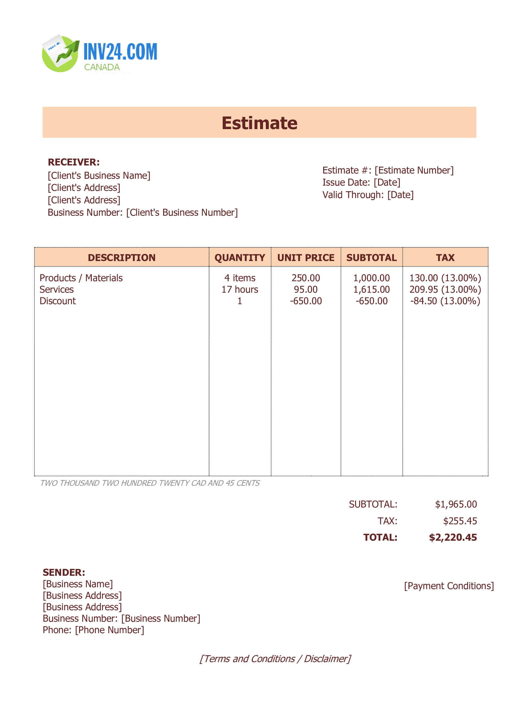 Professional Estimate Template for Canada (Word / Google Docs)