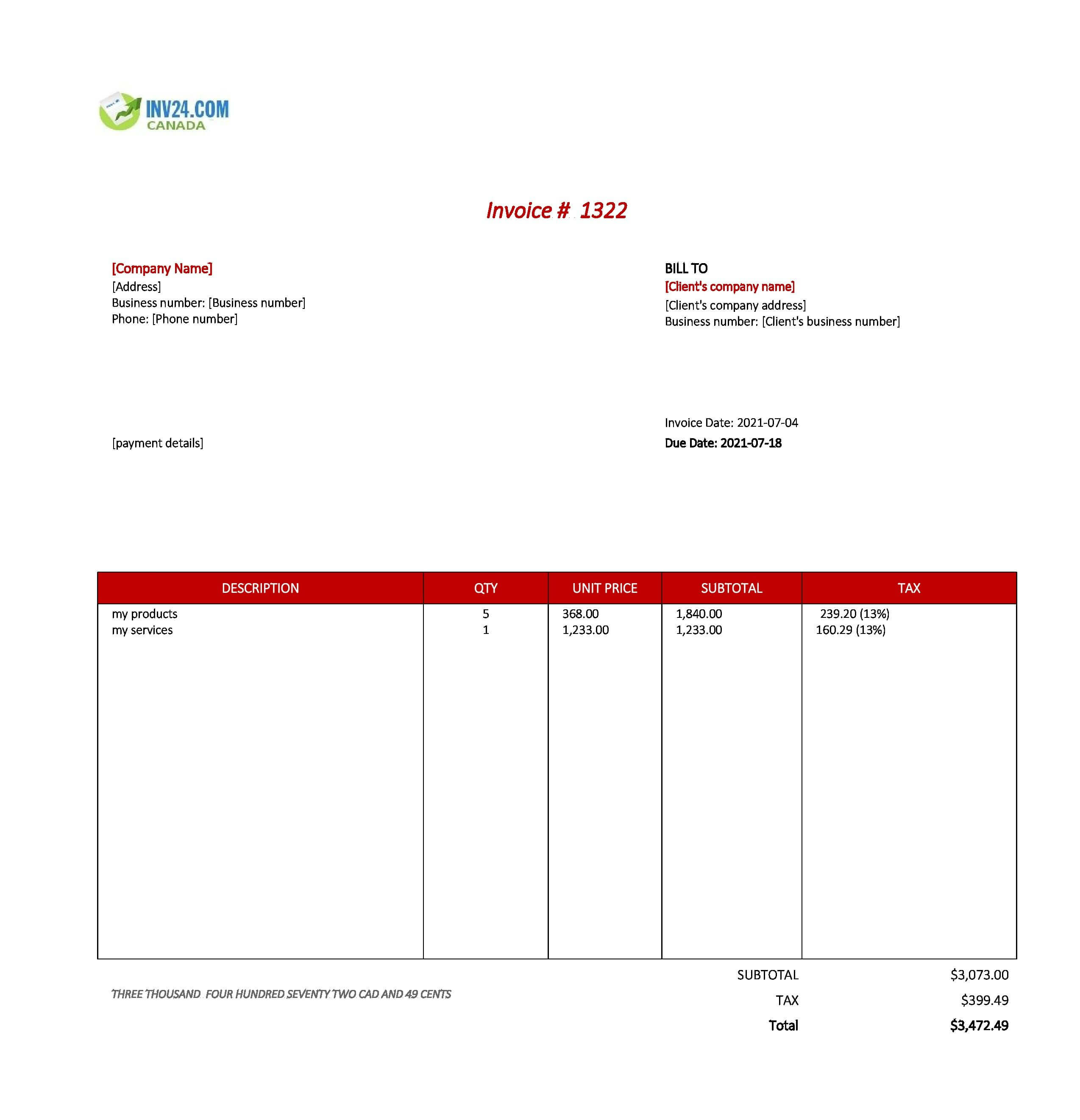 Professional Invoice Template Canada (Excel / Google Sheets)