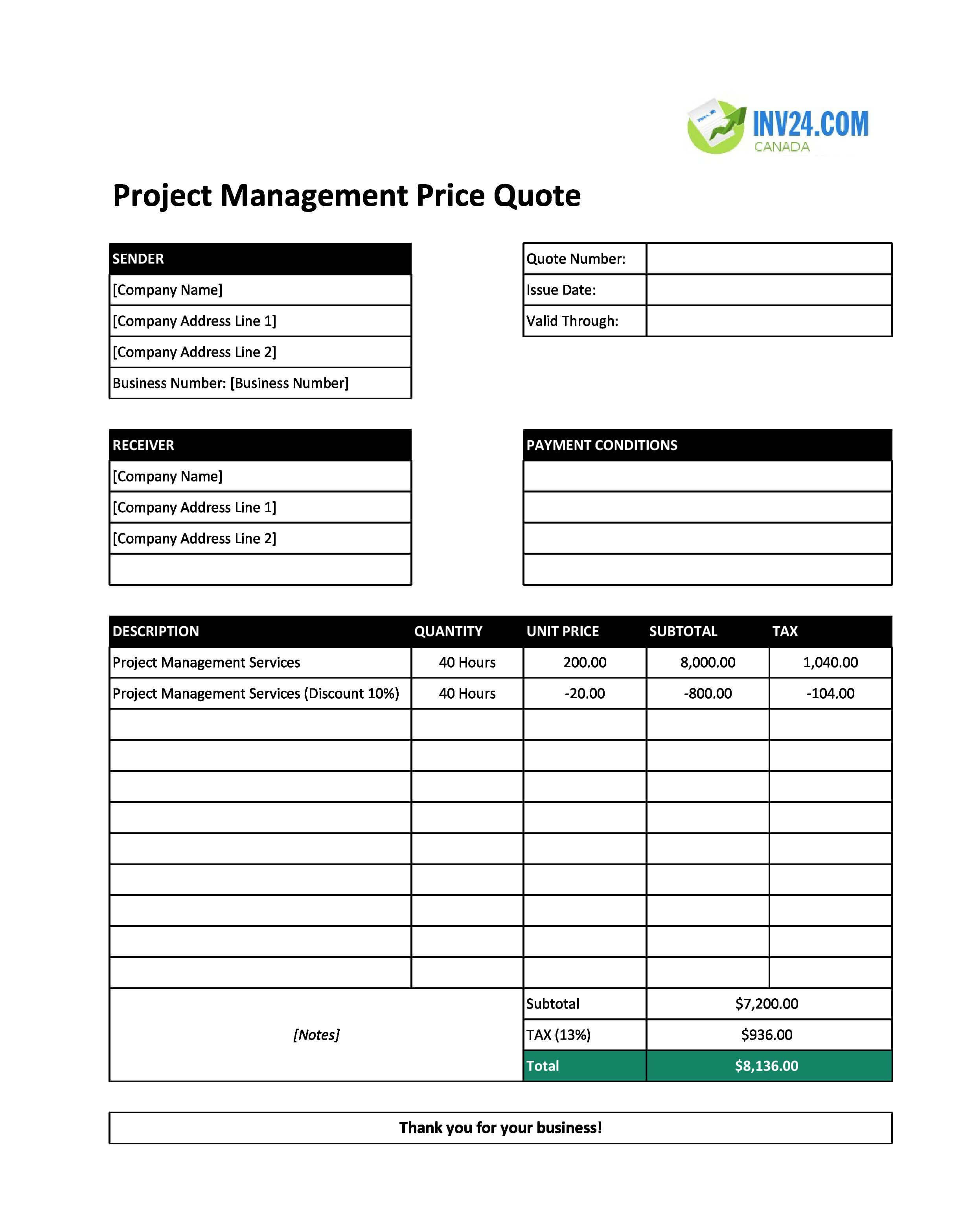 Project Management Quote Template for Canada (Excel / Google Sheets)
