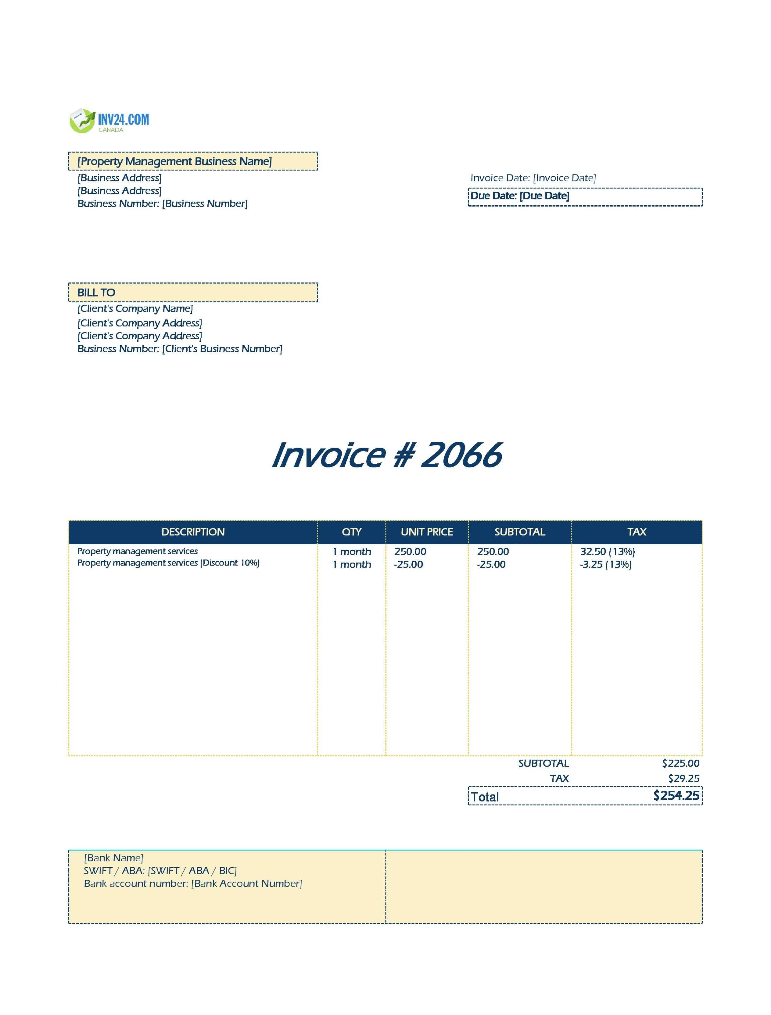 Property Management Invoice Template for Canada (Excel / Google Sheets)