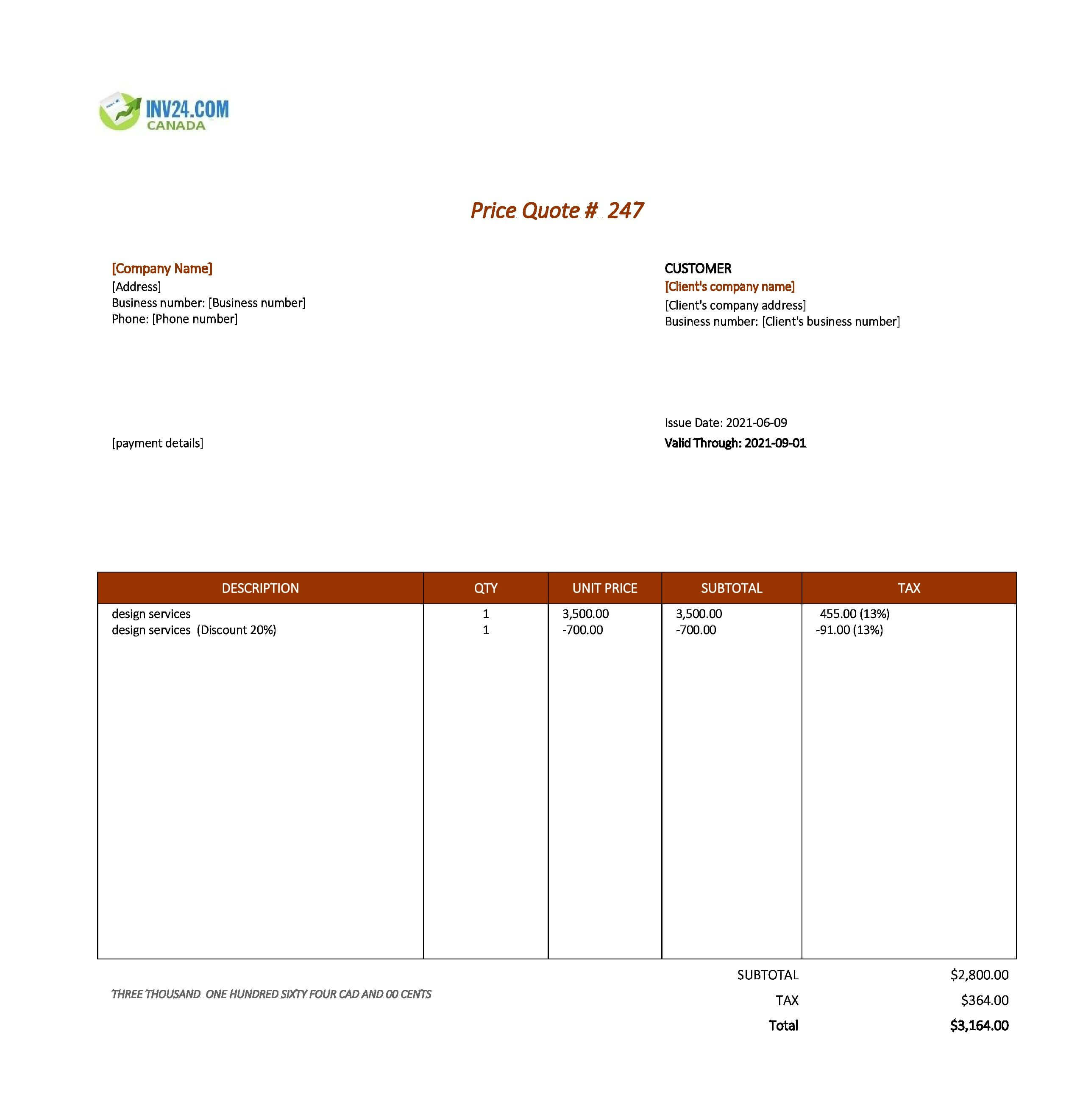 Quote Design Template Canada (Excel / Google Sheets)