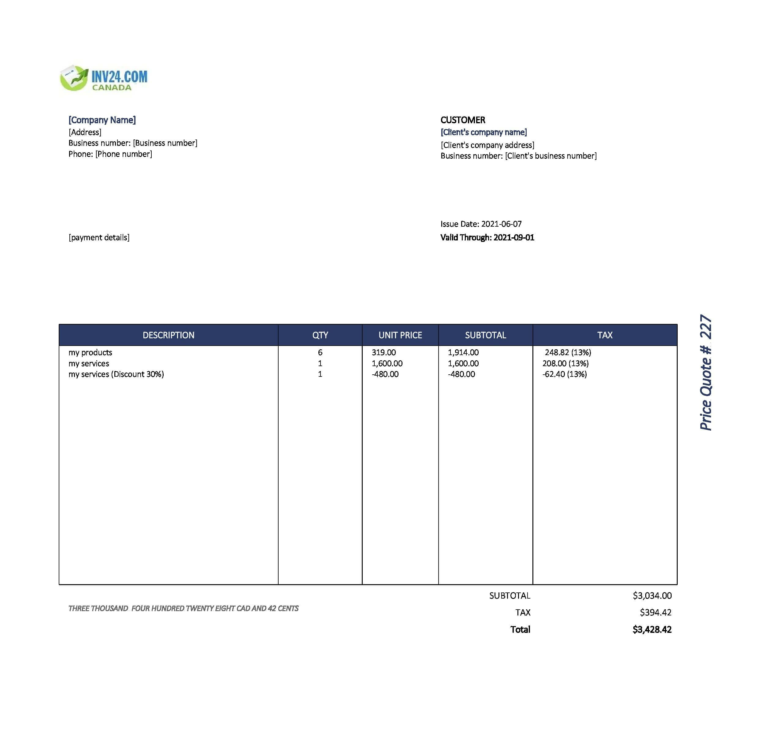 Quote Template .xls Canada (Excel / Google Sheets)