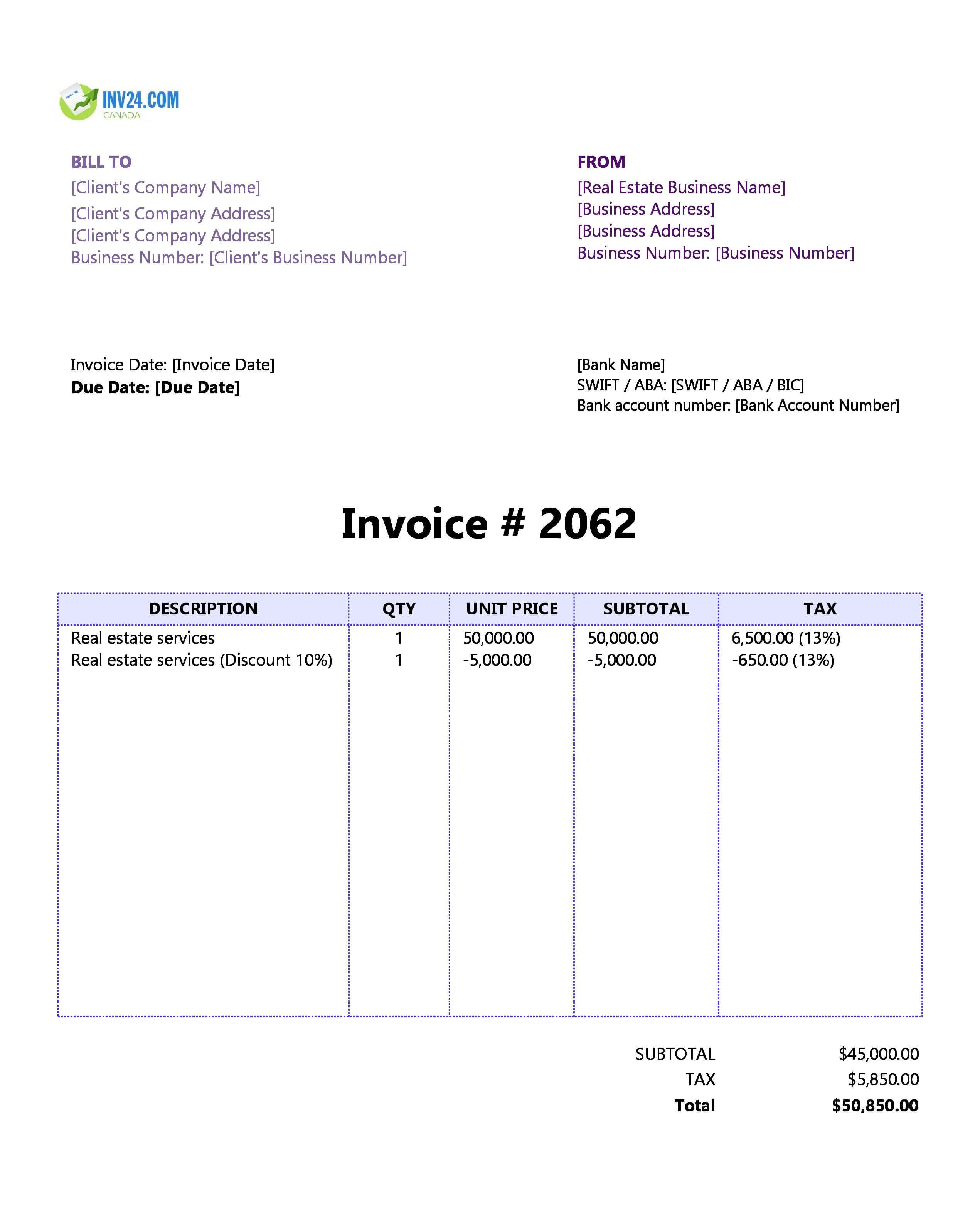 Real Estate Invoice Template for Canada (Excel / Google Sheets)