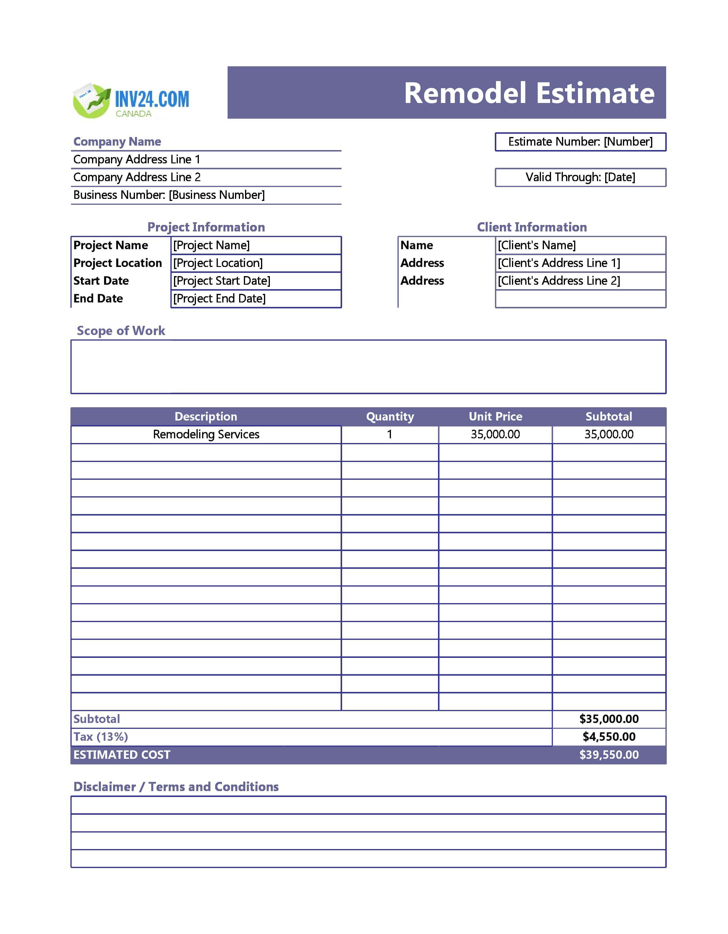 Remodel Estimate Template for Canada (Excel / Google Sheets)