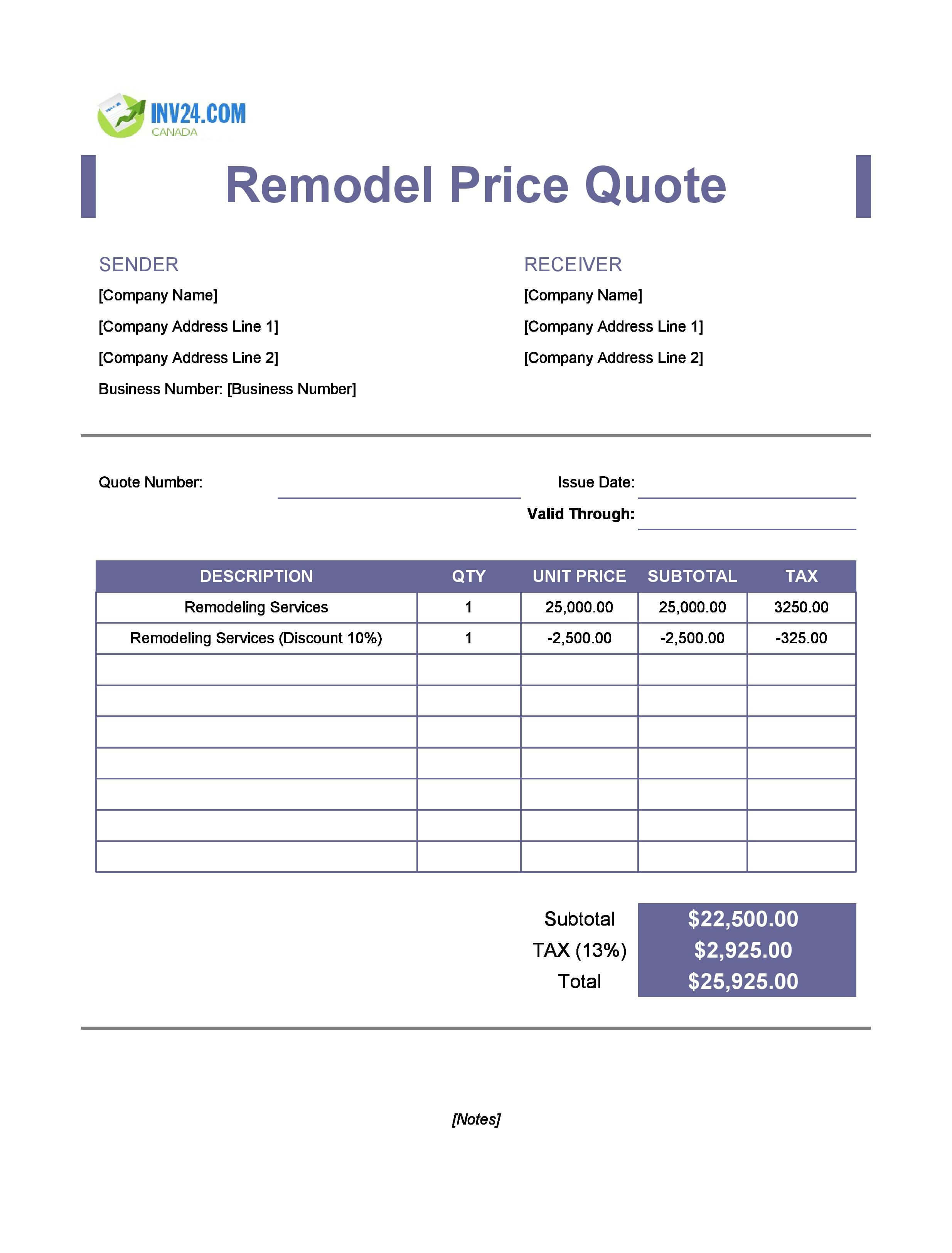 Remodeling Quote Template for Canada (Excel / Google Sheets)