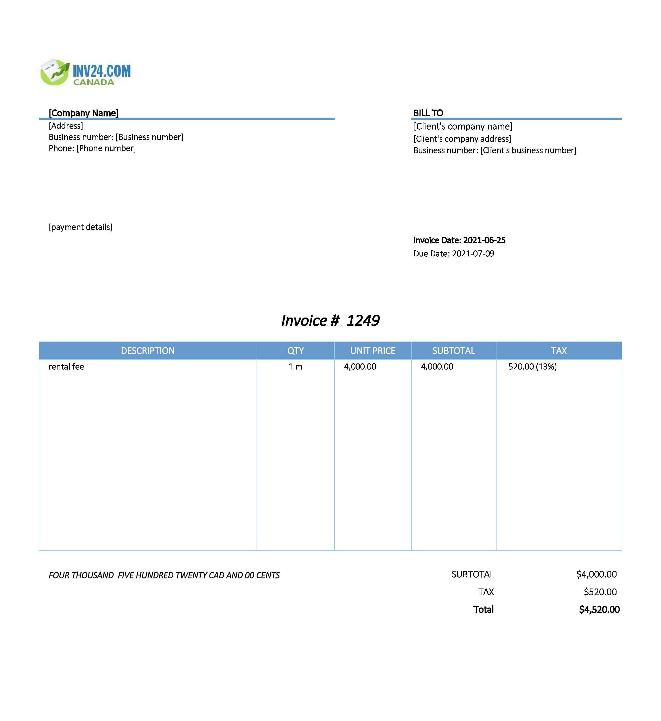 Rent Invoice Template Canada (Excel) Pertaining To Invoice Template For Rent