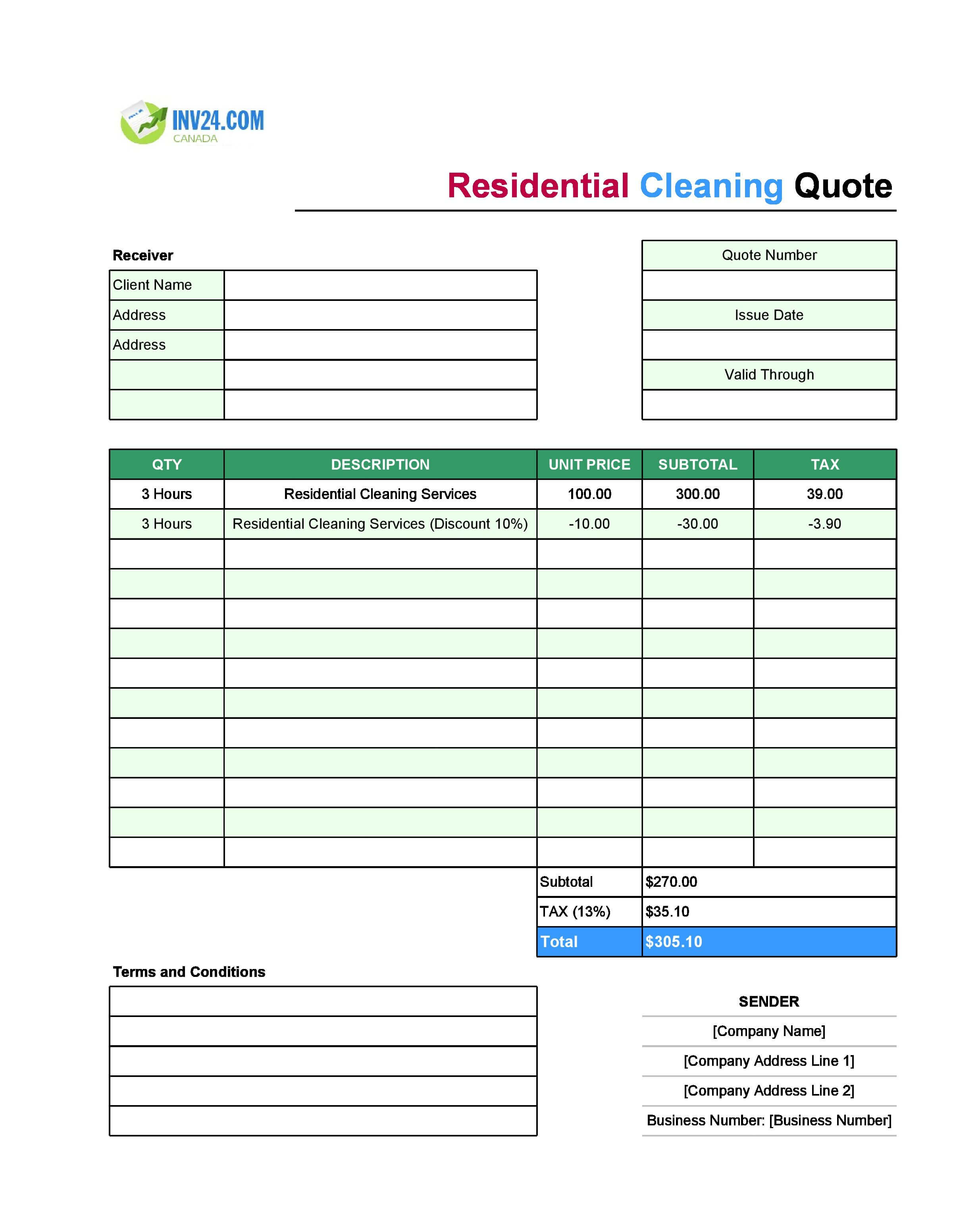 Residential Cleaning Quote Template for Canada (Excel / Google Sheets)