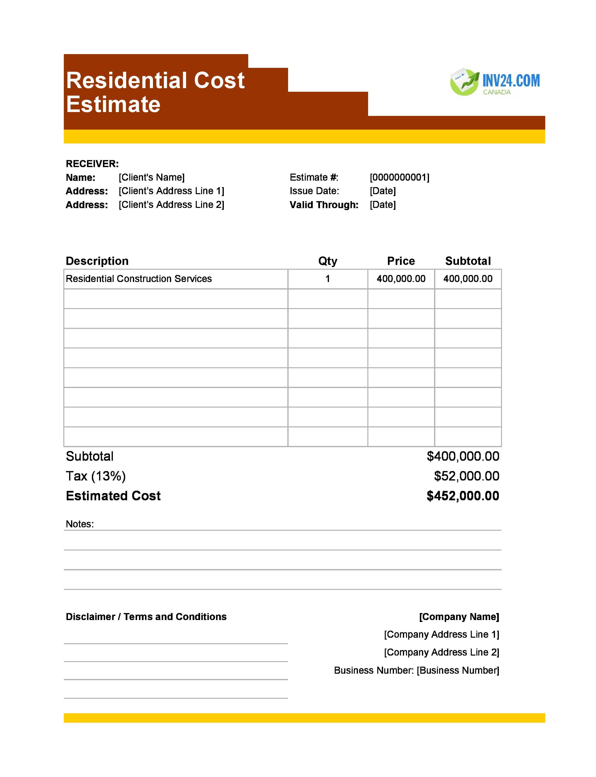 Residential Cost Estimate Template for Canada (Excel / Google Sheets)