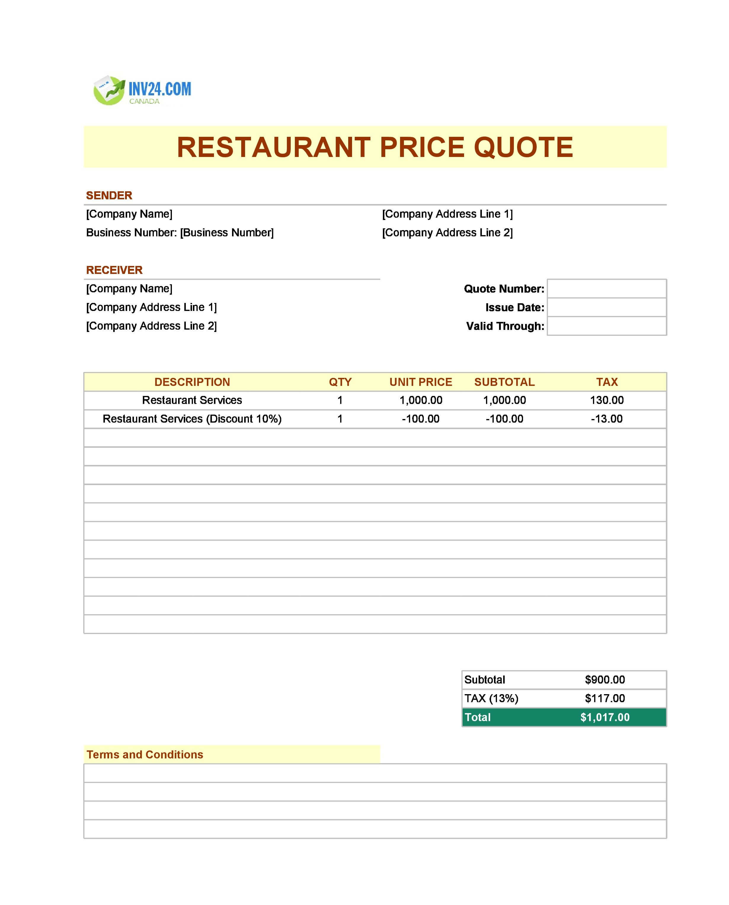 Restaurant Quote Template for Canada (Excel / Google Sheets)