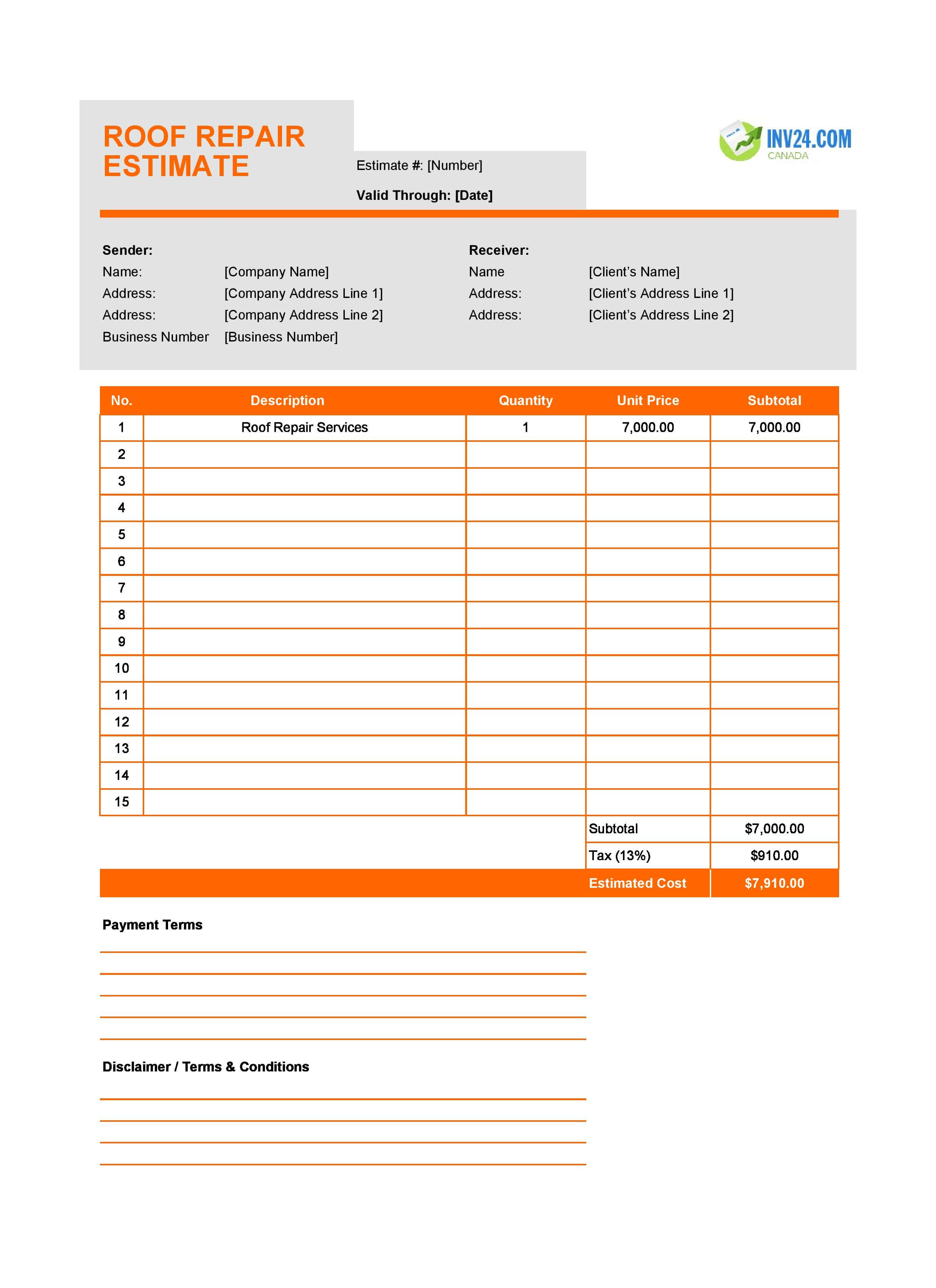 Roof Repair Estimate Template for Canada (Excel / Google Sheets)