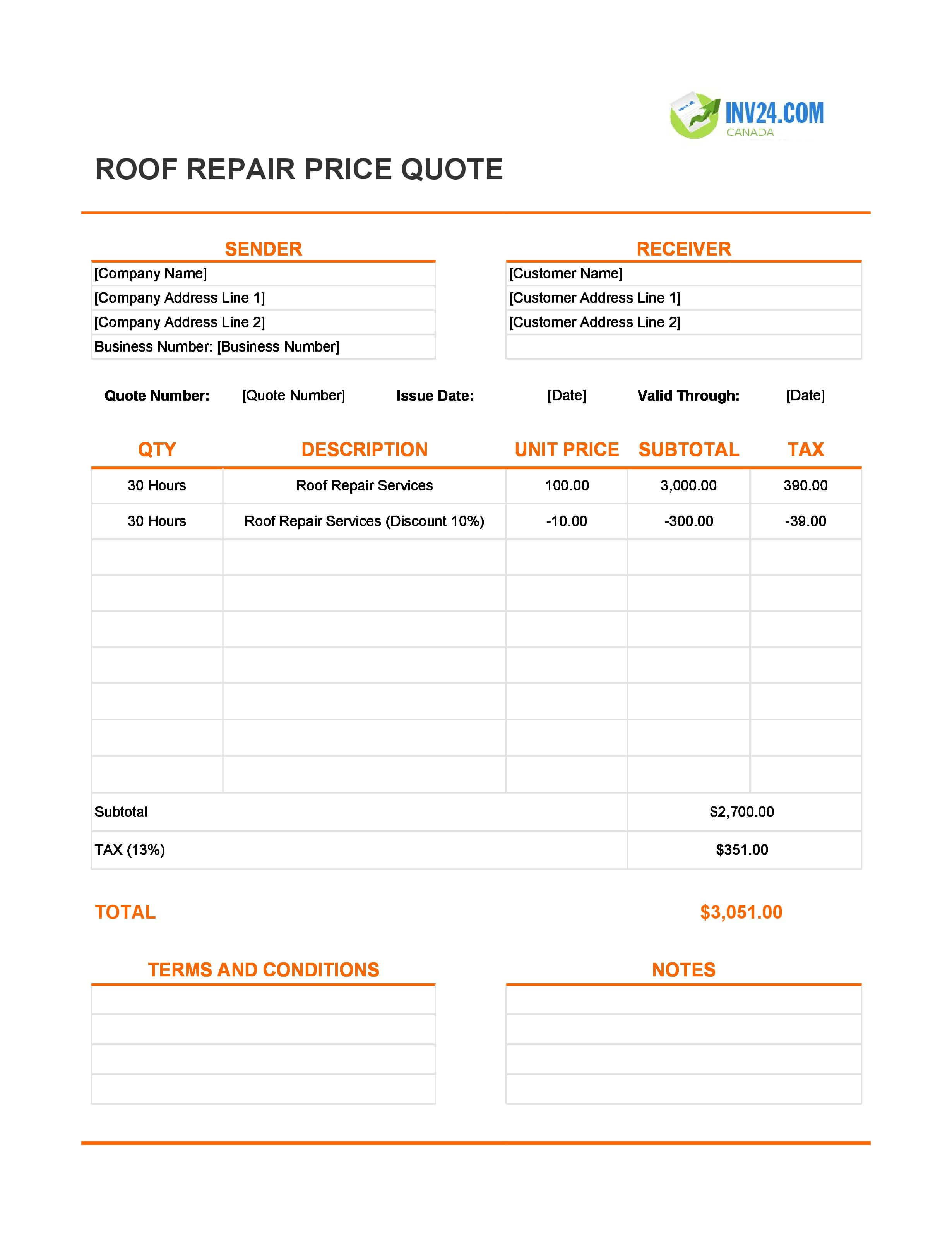 Roof Repair Quote Template for Canada (Excel / Google Sheets)
