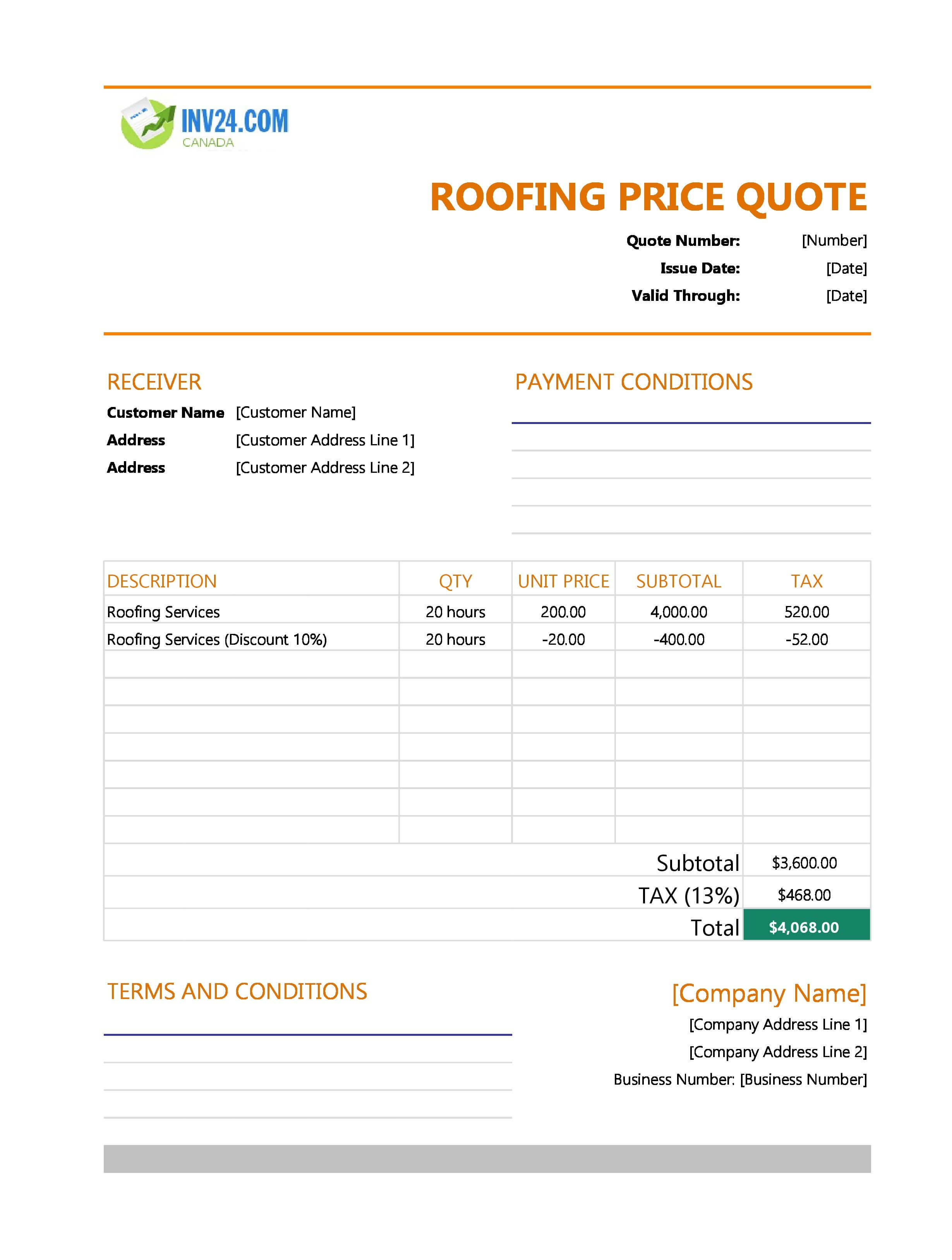 Roofing Quote Template for Canada (Excel / Google Sheets)