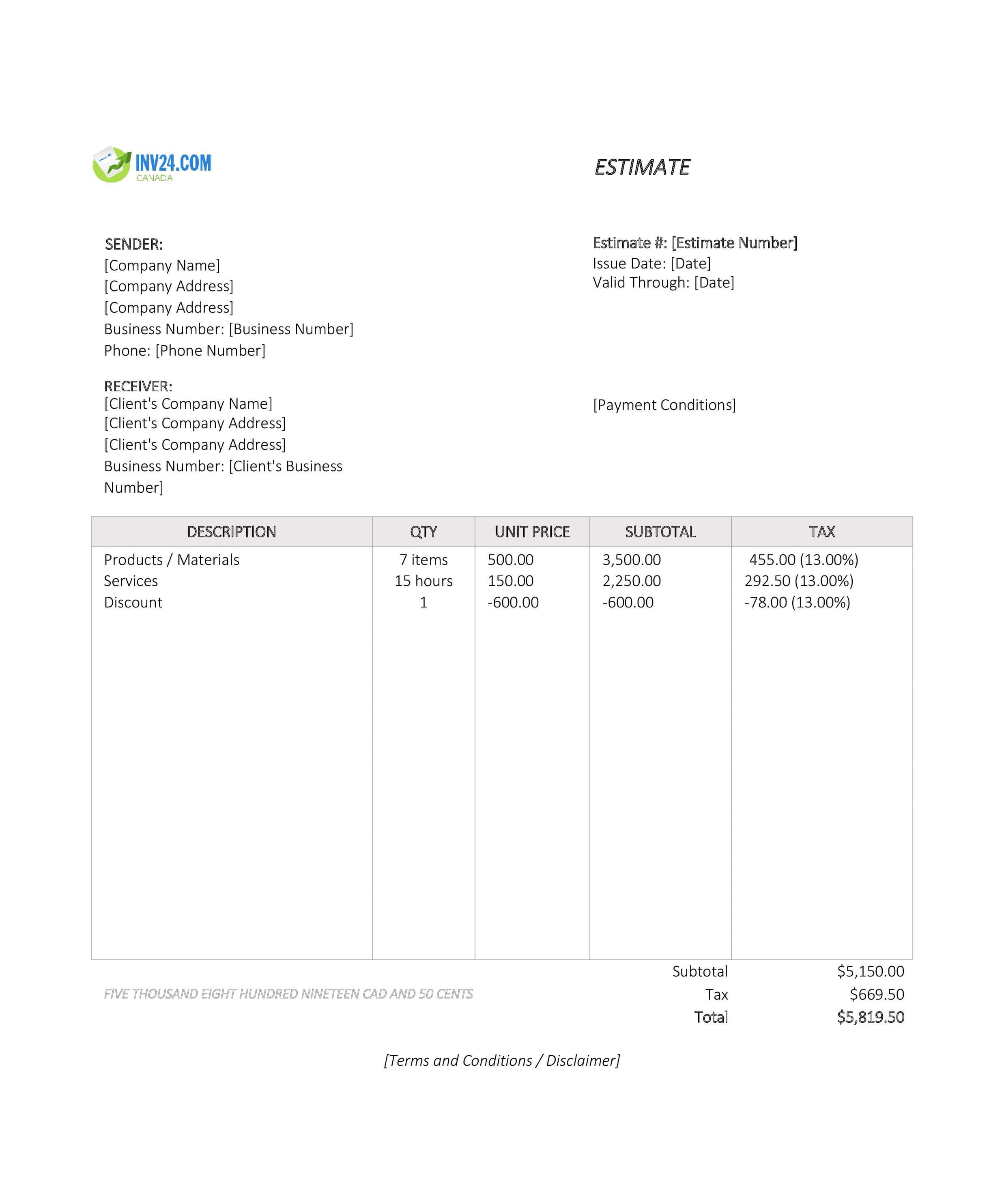 Sample Estimate Template for Canada (Excel / Google Sheets)