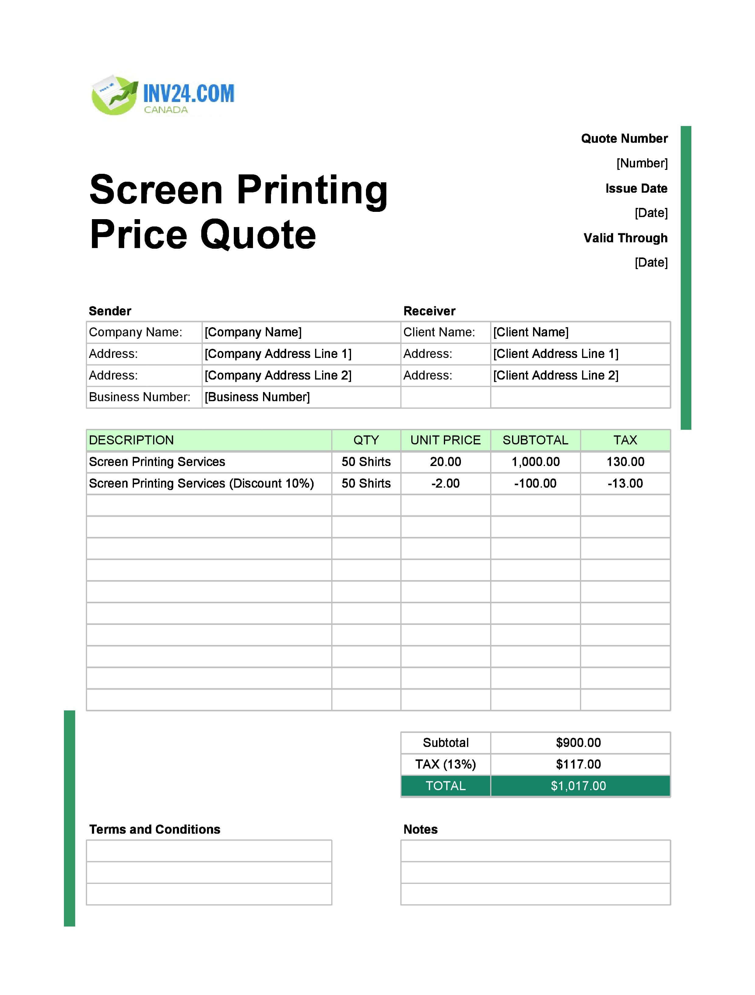 Screen Printing Quote Template for Canada (Excel / Google Sheets)