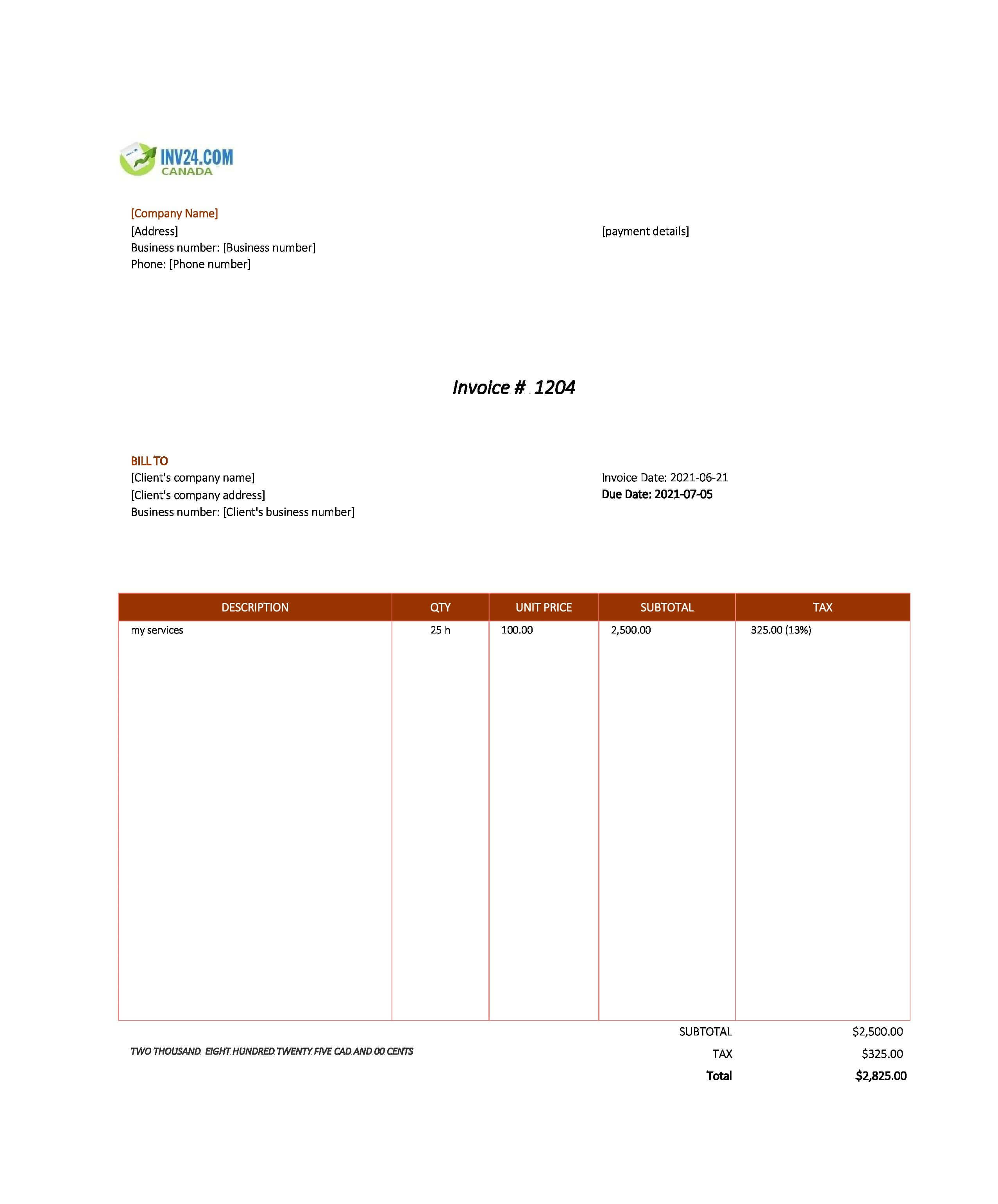Service Invoice Example for Canada