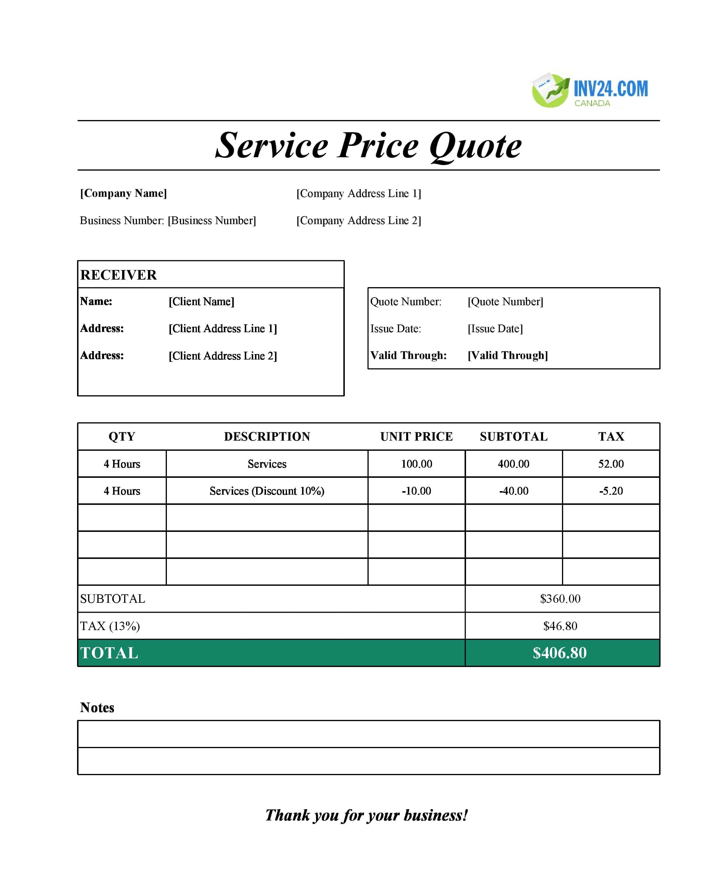 Service Quote Template Sheets for Canada (Excel / Google Sheets)