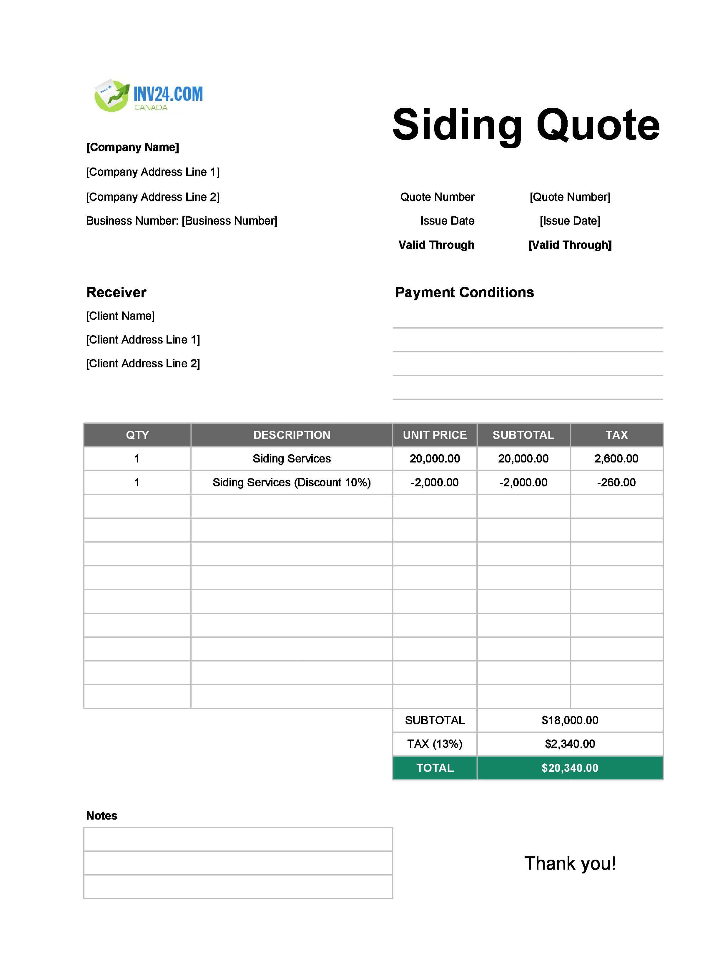 Siding Quote Template for Canada (Excel / Google Sheets)