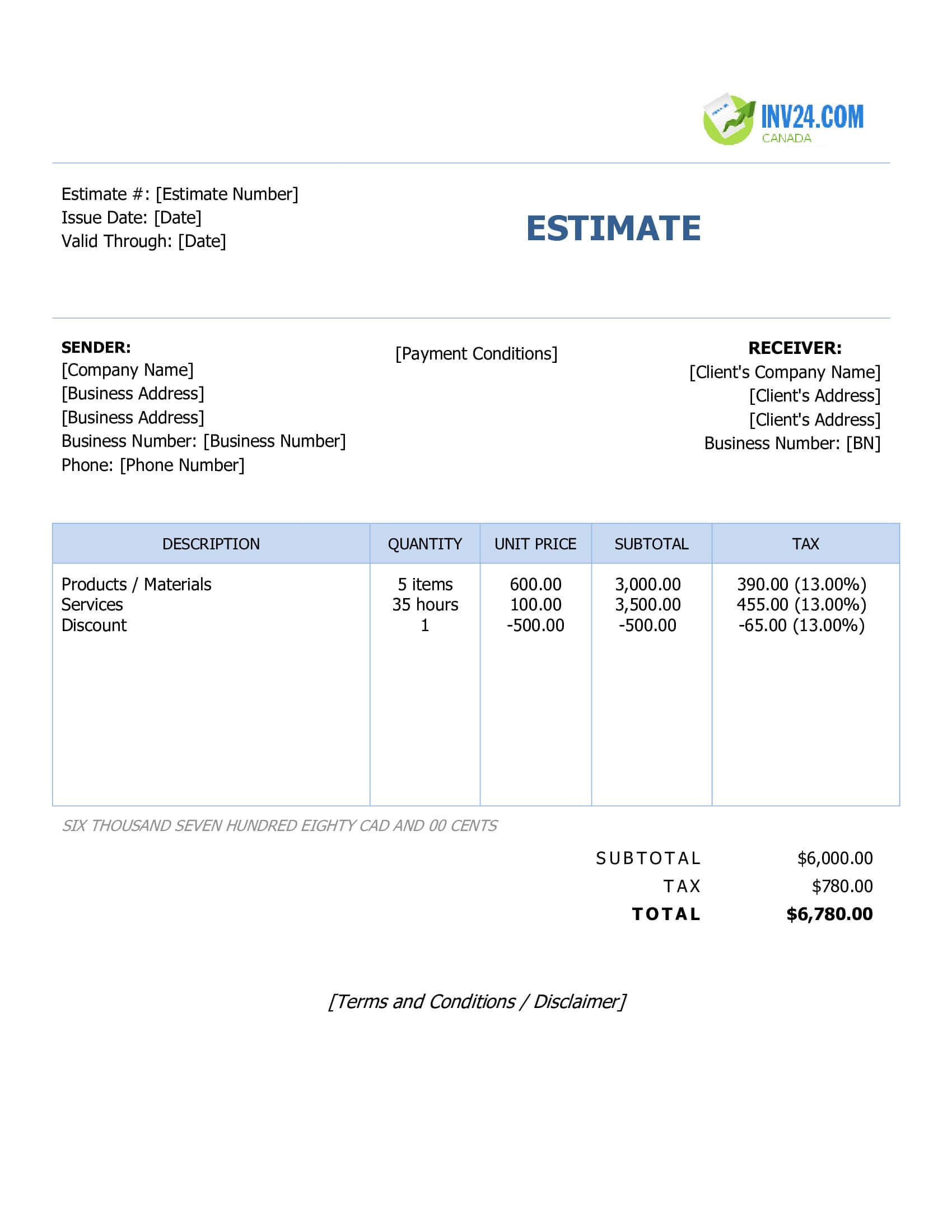 Simple Estimate Template for Canada (Word / Google Docs)