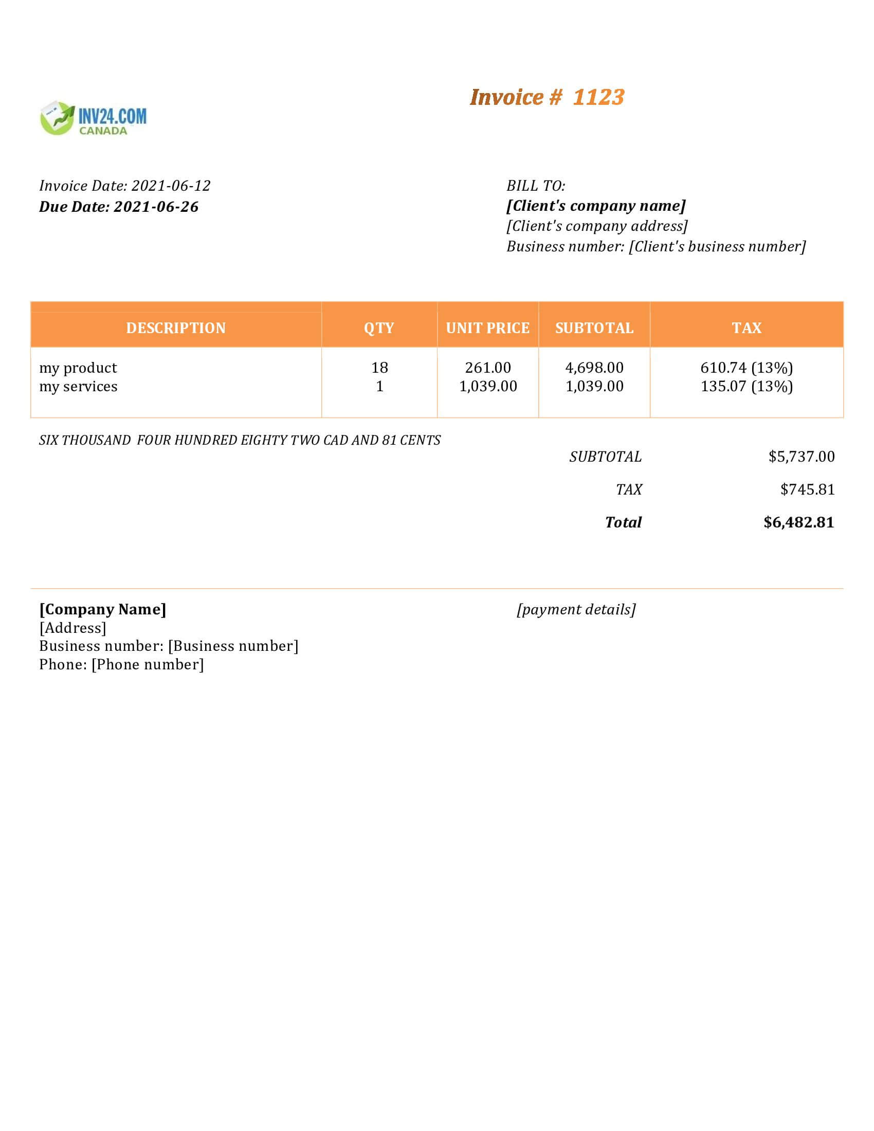 Simple Invoice Template Canada (Word / Google Docs)