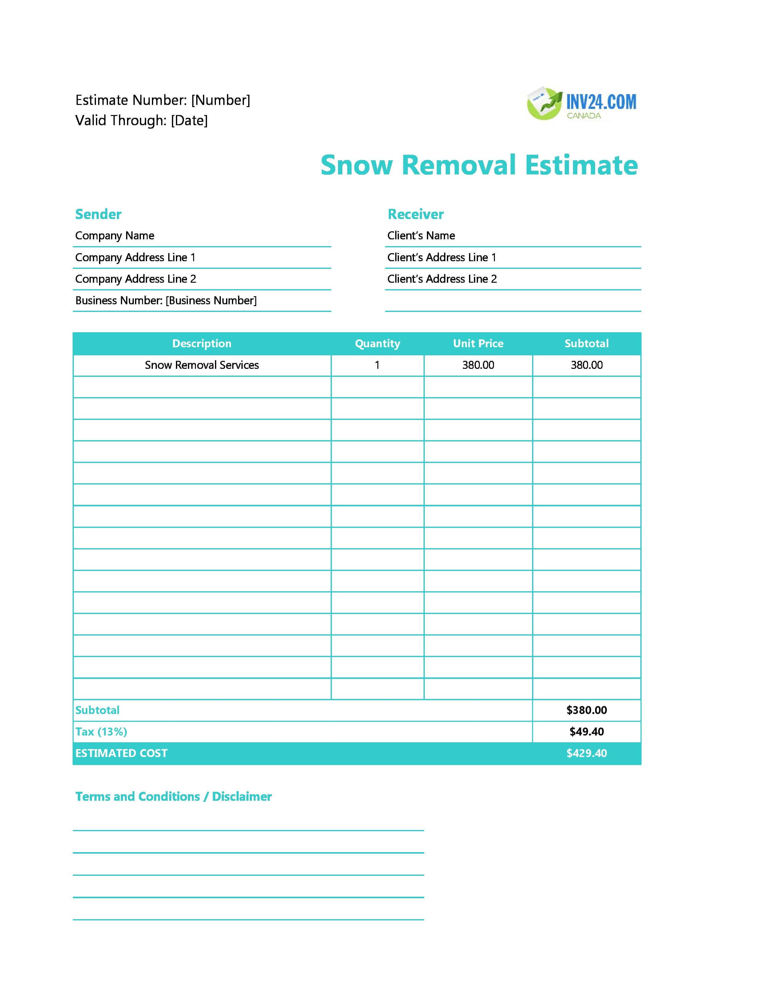 Snow Removal Estimate Template for Canada (Excel / Google Sheets)
