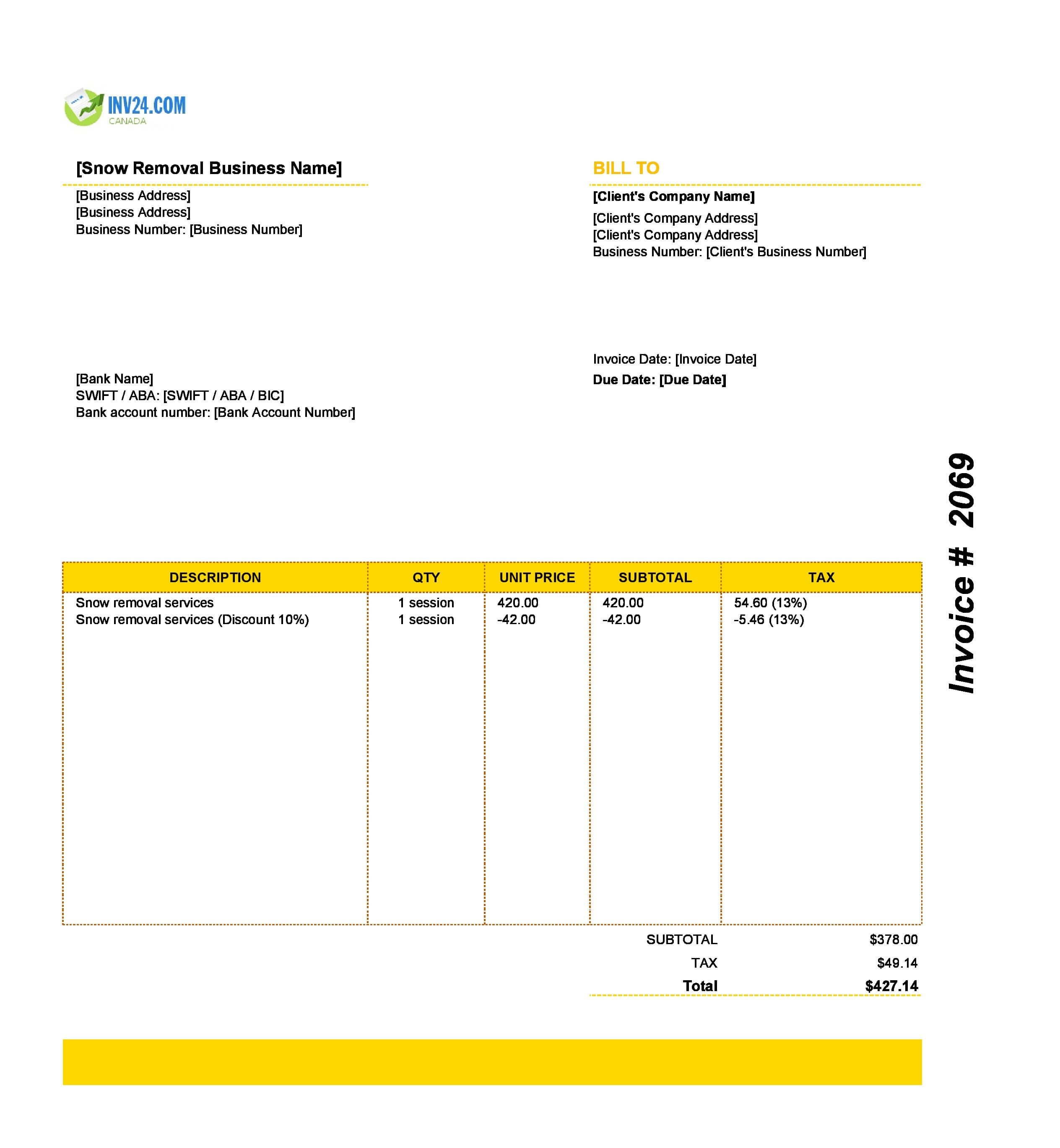 Snow Removal Invoice Template for Canada (Excel / Google Sheets)