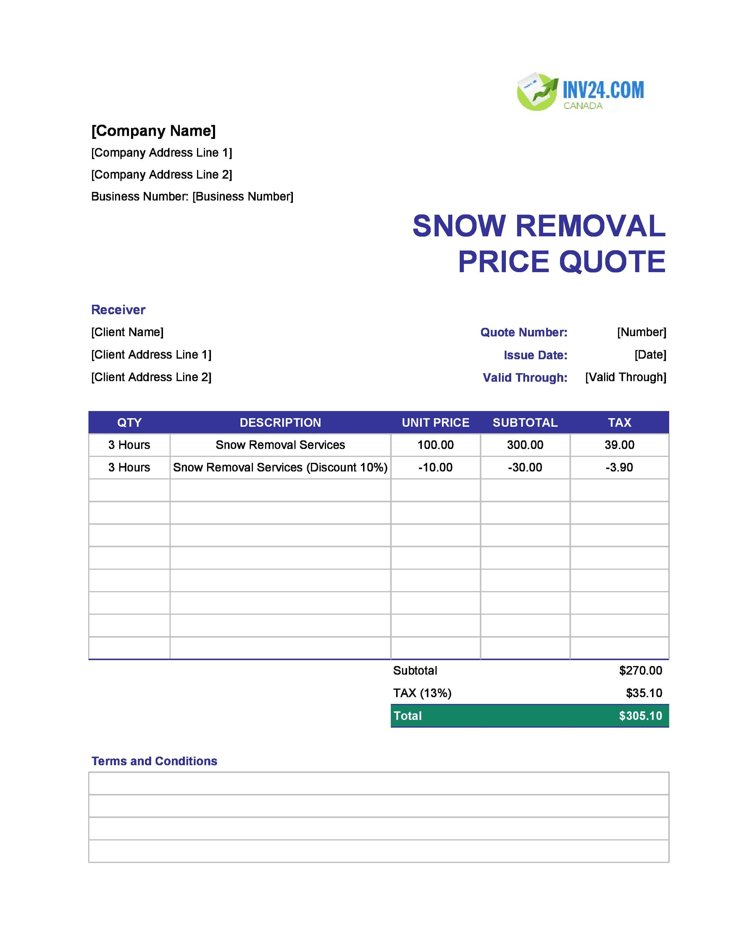 Snow Removal Quote Template for Canada (Excel / Google Sheets)