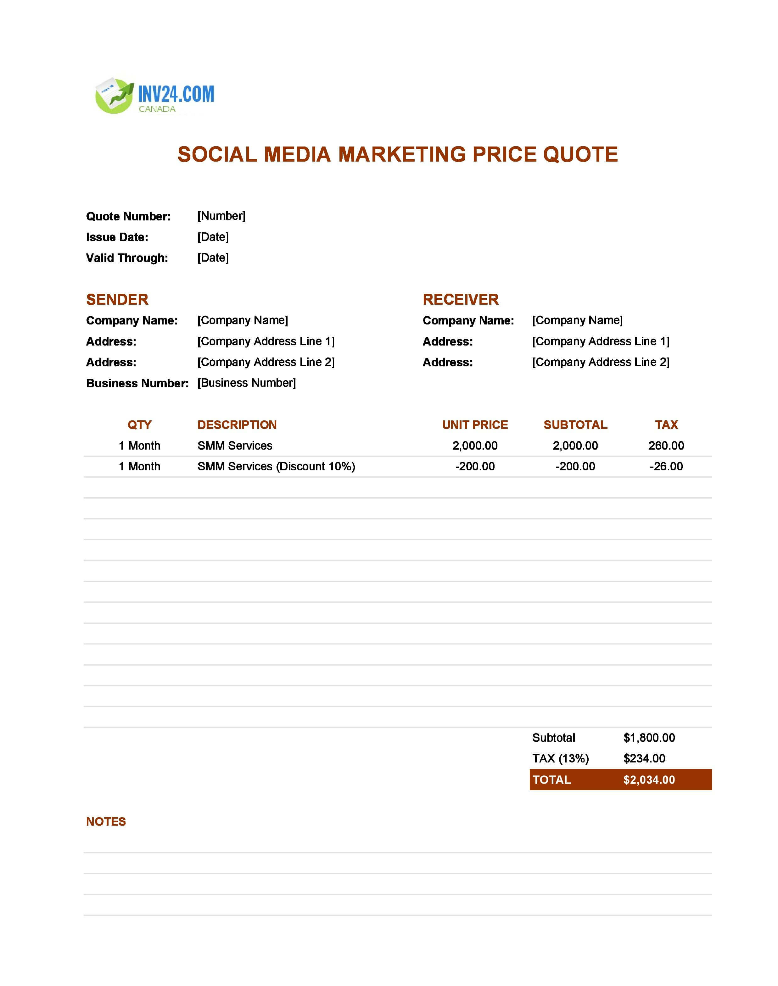 Social Media Marketing Quote Template for Canada (Excel / Google Sheets)