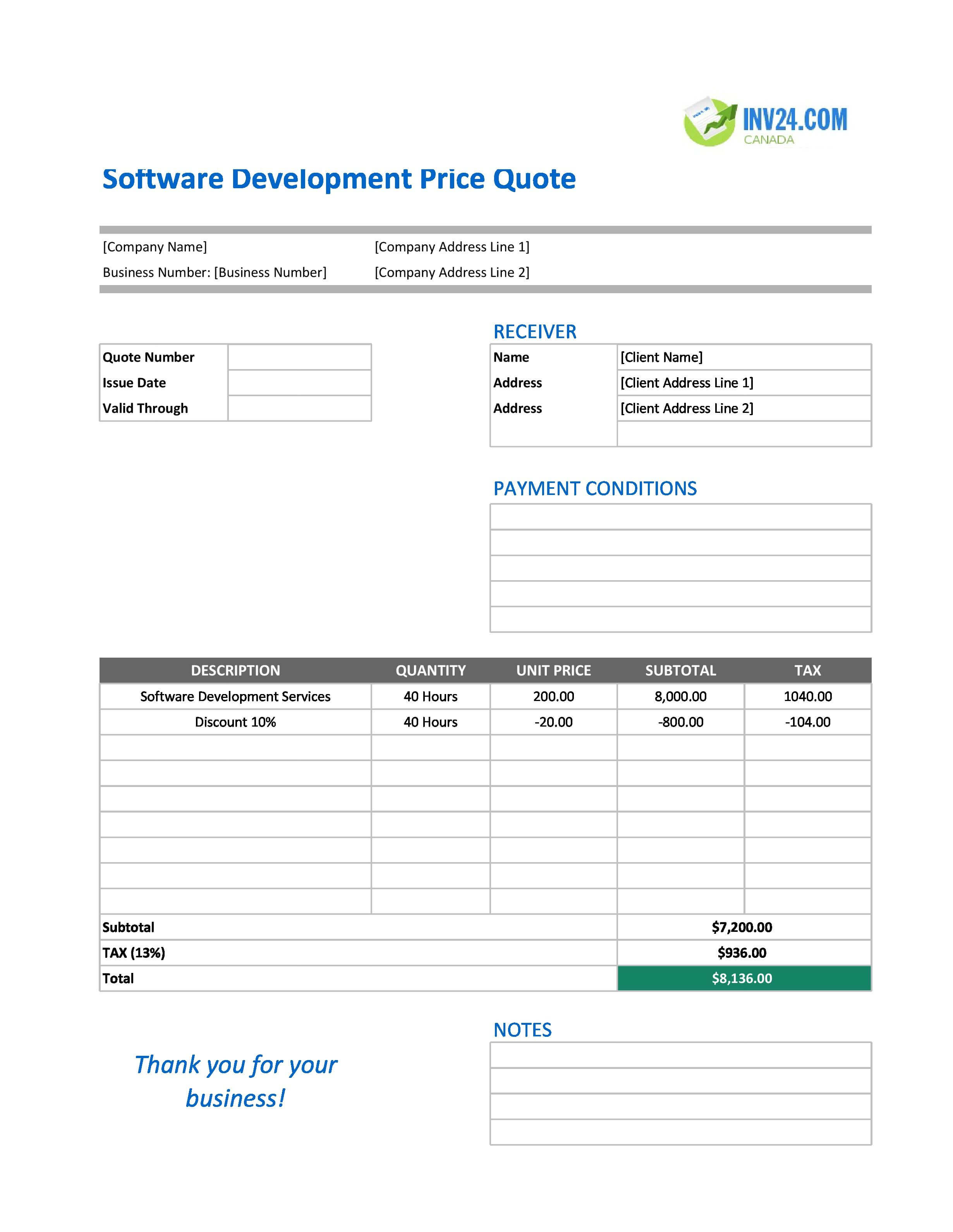 Software Development Quote Template for Canada (Excel / Google Sheets)