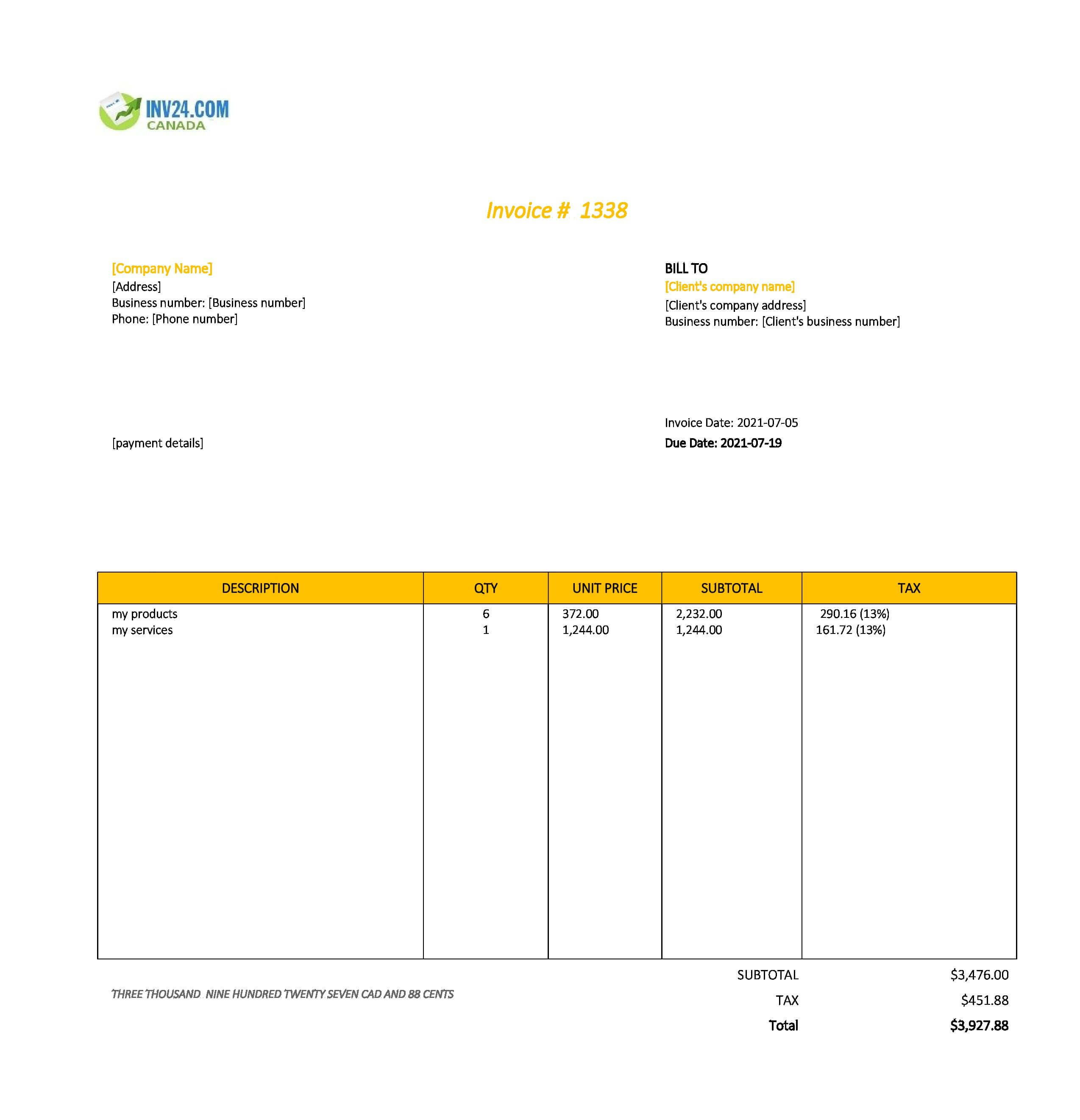 Standard Invoice Template Canada (Excel / Google Sheets)