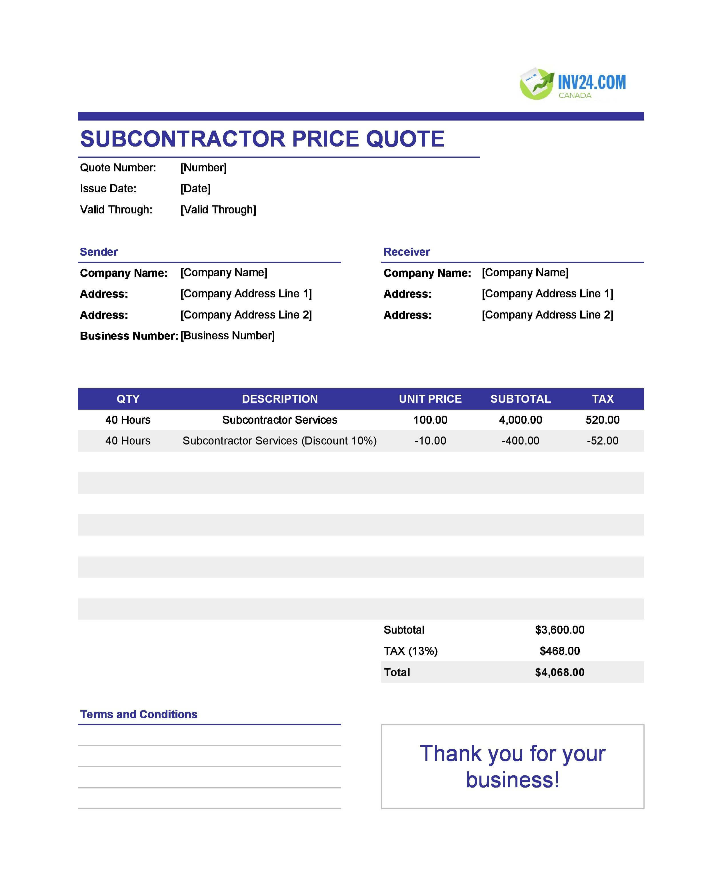 Subcontractor Quote Template for Canada (Excel / Google Sheets)