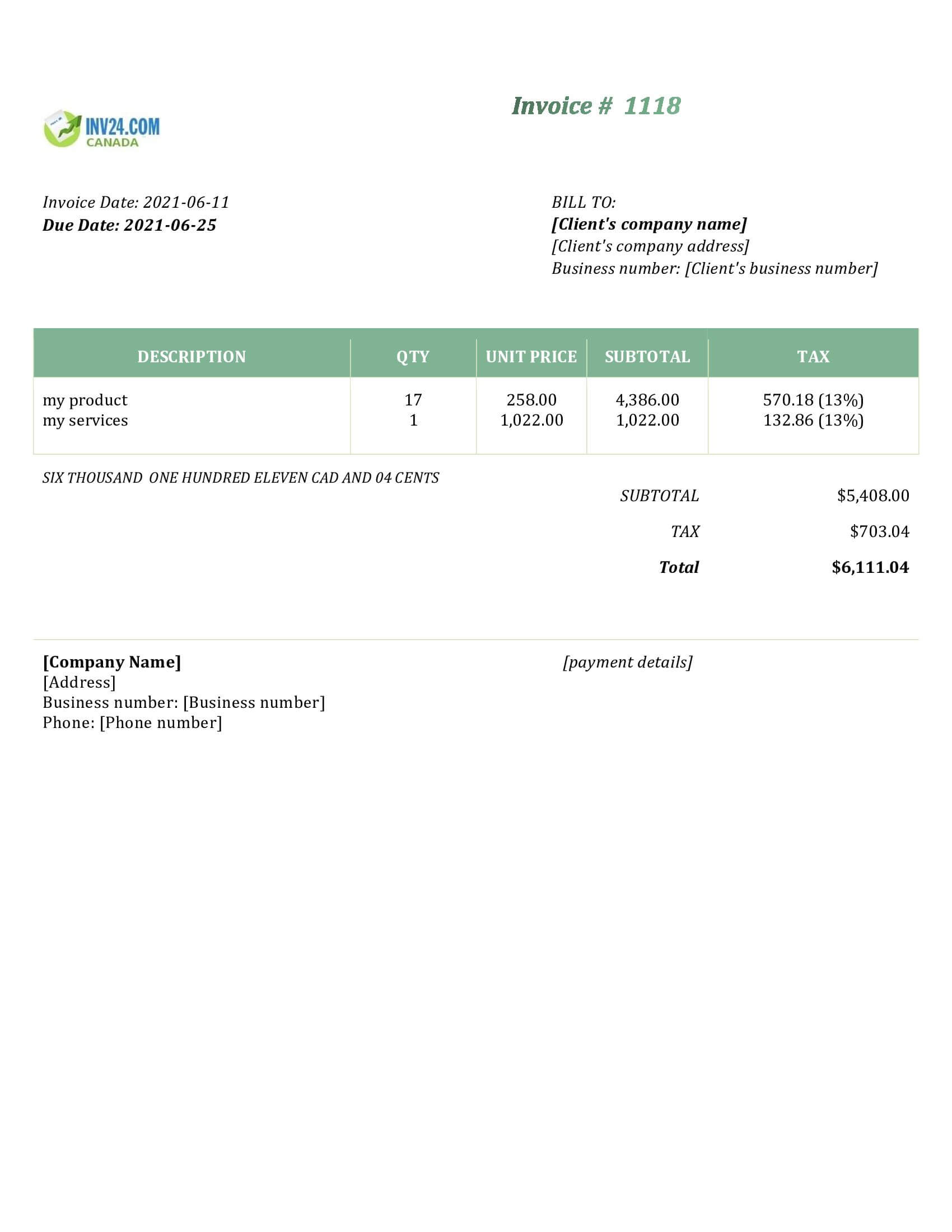 Tax Invoice Template Canada (Word / Google Docs)