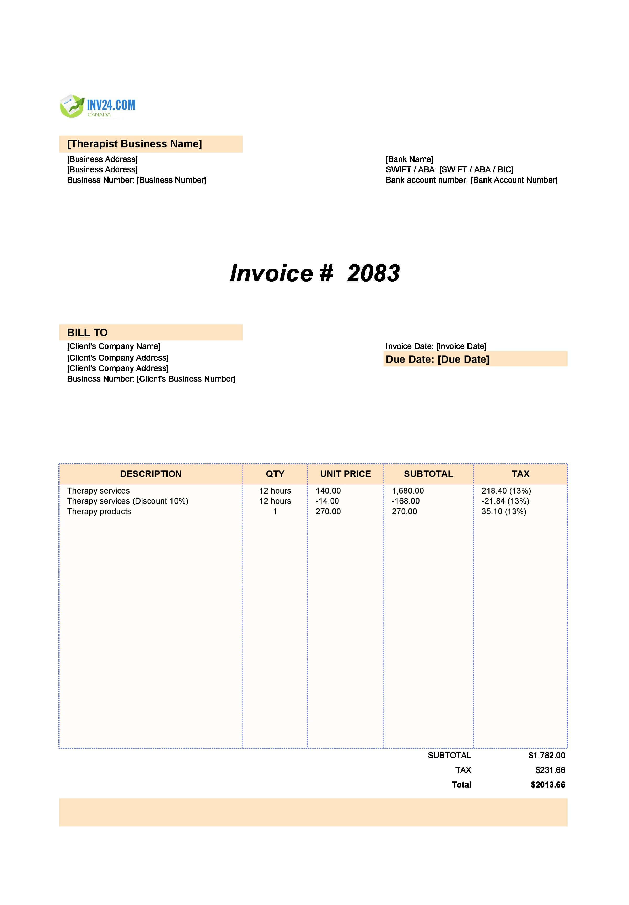 Therapist Invoice Template for Canada (Excel / Google Sheets)