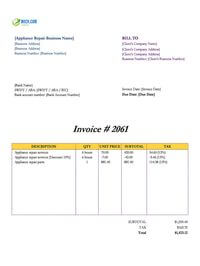 Appliance repair invoice template canada