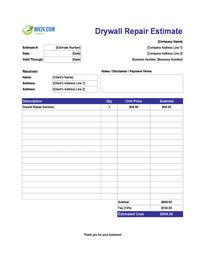 drywall repair estimate template canada