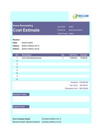 home remodeling cost estimate template canada
