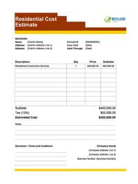 residential cost estimate template canada