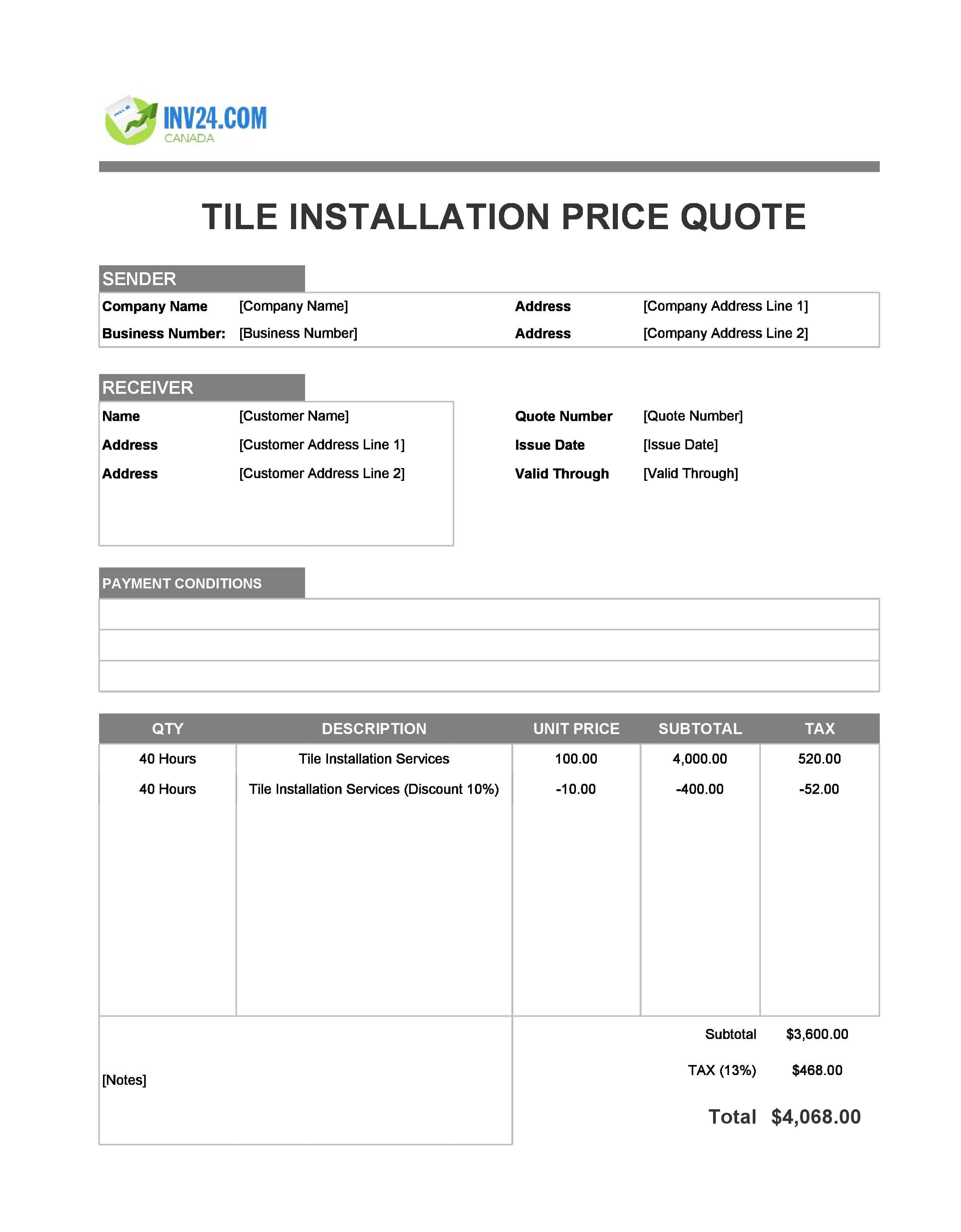 Tile Installation Quote Template for Canada (Excel / Google Sheets)