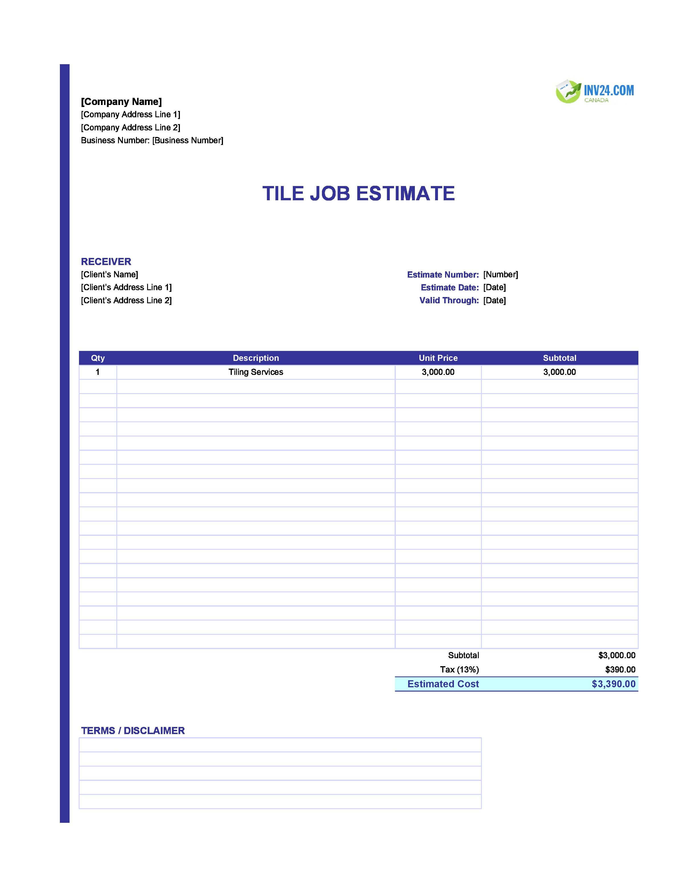 Tile Job Estimate Template for Canada (Excel / Google Sheets)