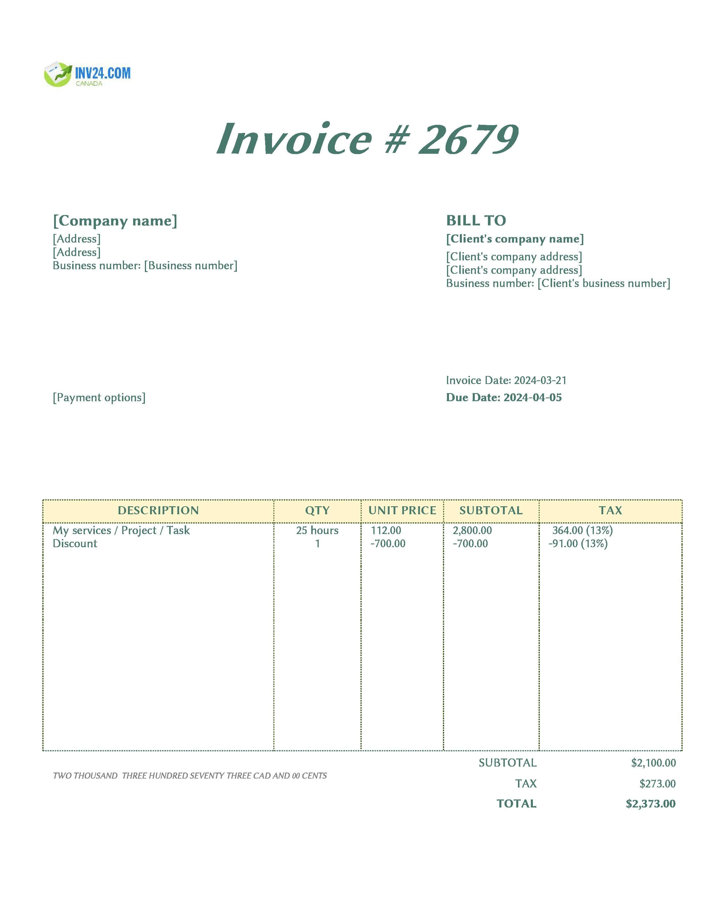 Timesheet Invoice Template Canada (Excel / Google Sheets)
